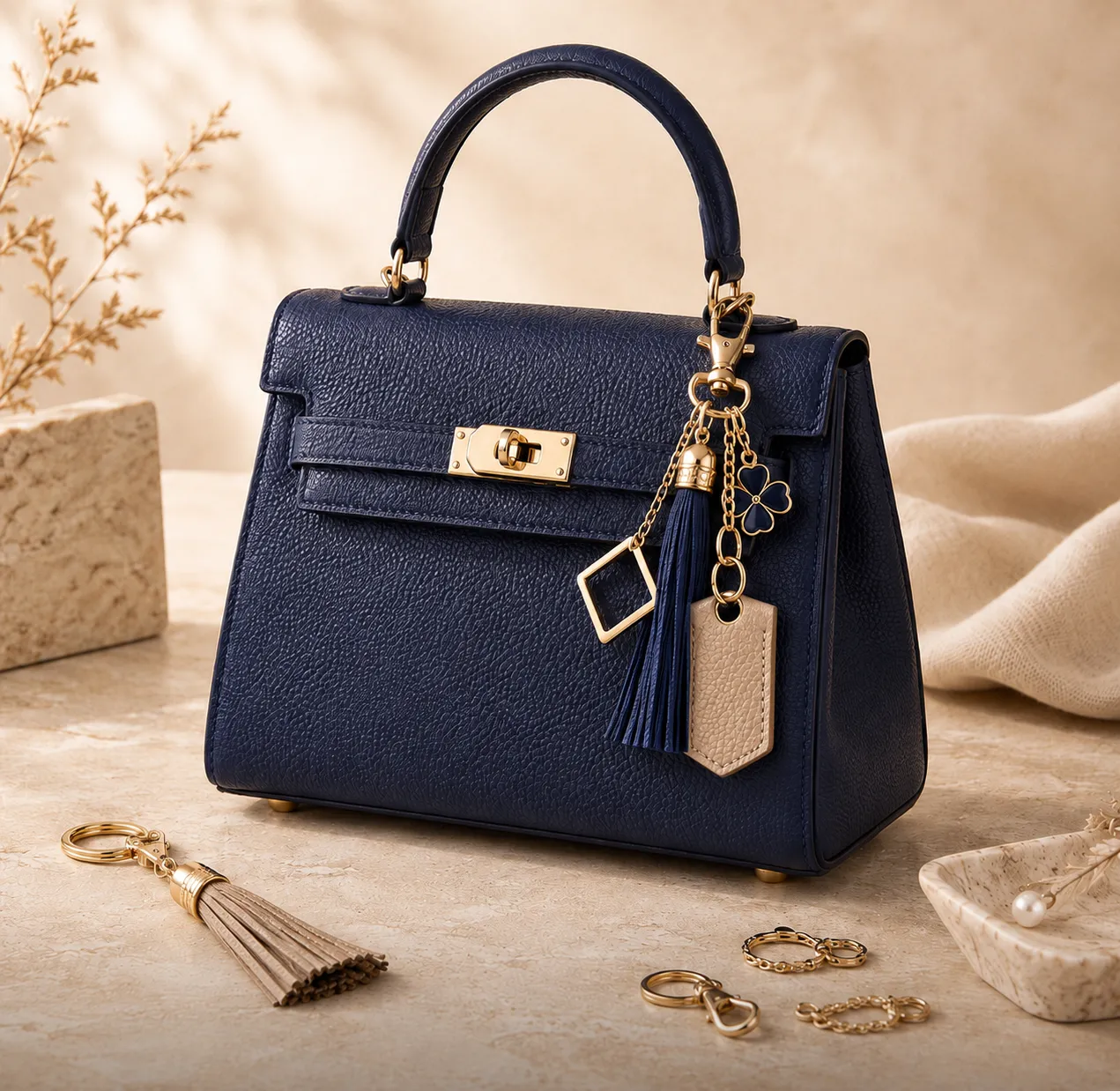 Custom bag charms with metal, leather, tassel and decorative components
