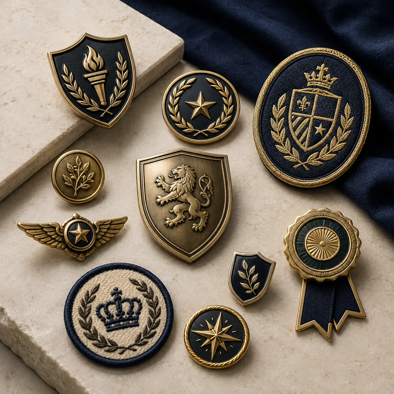 Custom metal textile and mixed-material badges and emblems