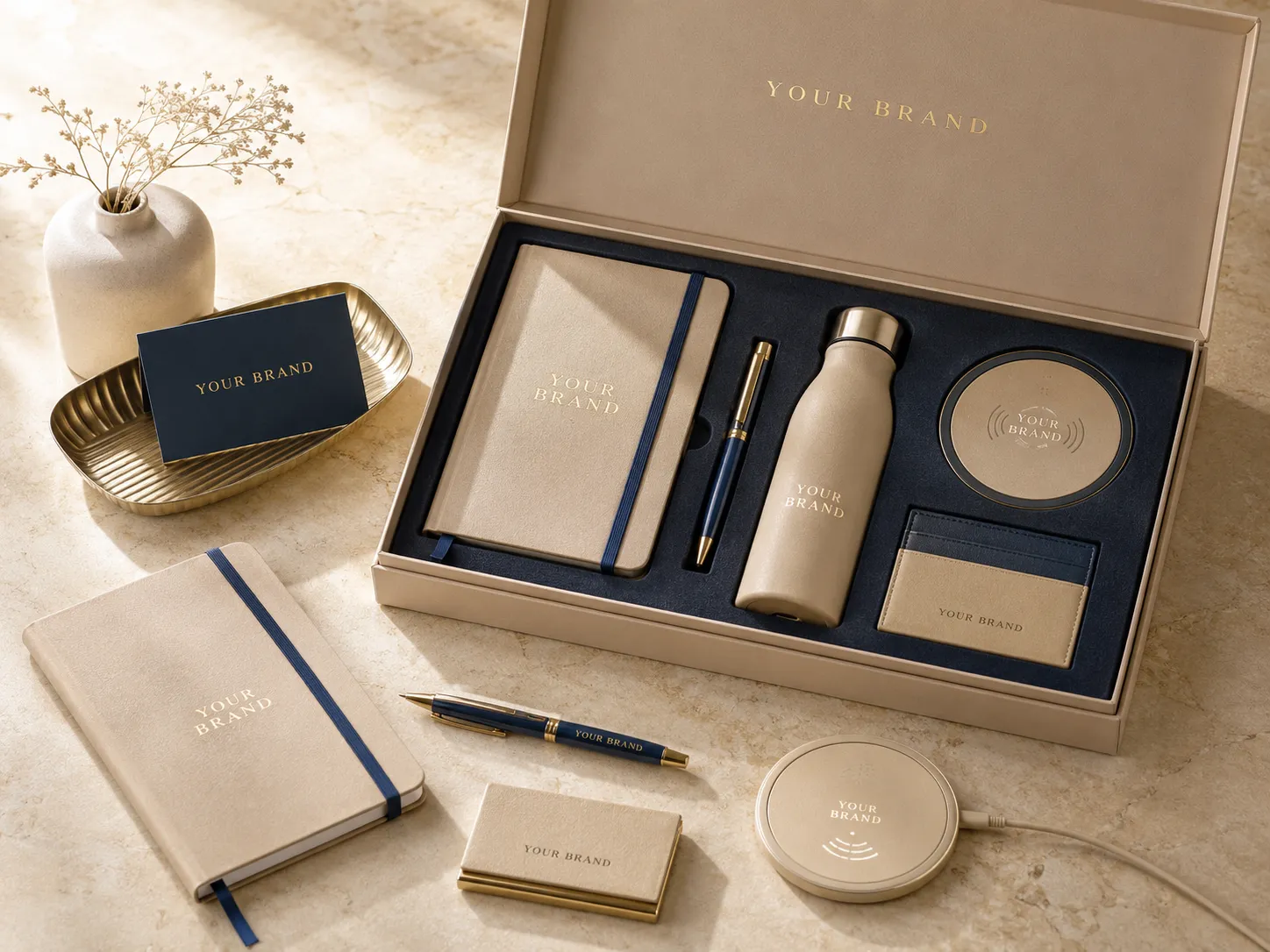 Coordinated corporate gift set with customized branded products and premium presentation