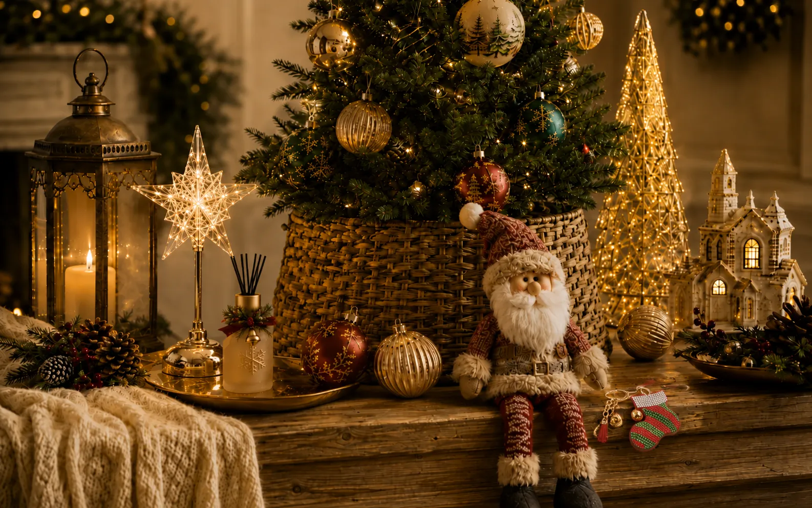 Christmas collection featuring tree collars, illuminated decor, ornaments and seasonal home accents