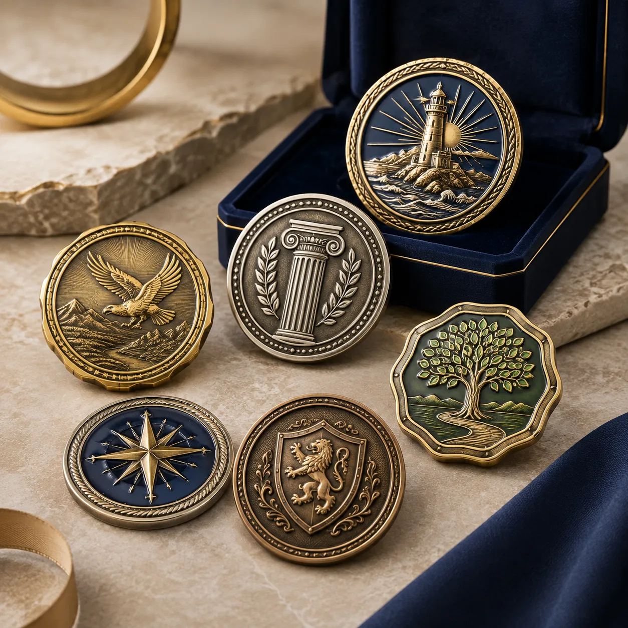 Custom commemorative coins with relief, enamel, antique and polished metal finishes