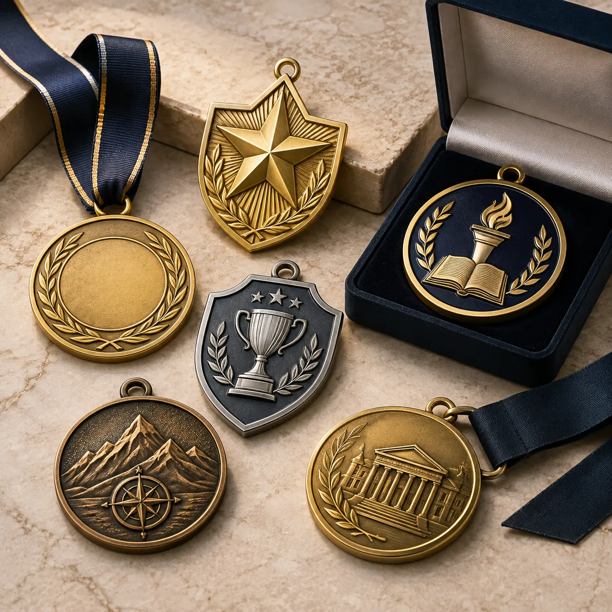 Custom medals in gold, silver and antique finishes with ribbons and presentation options