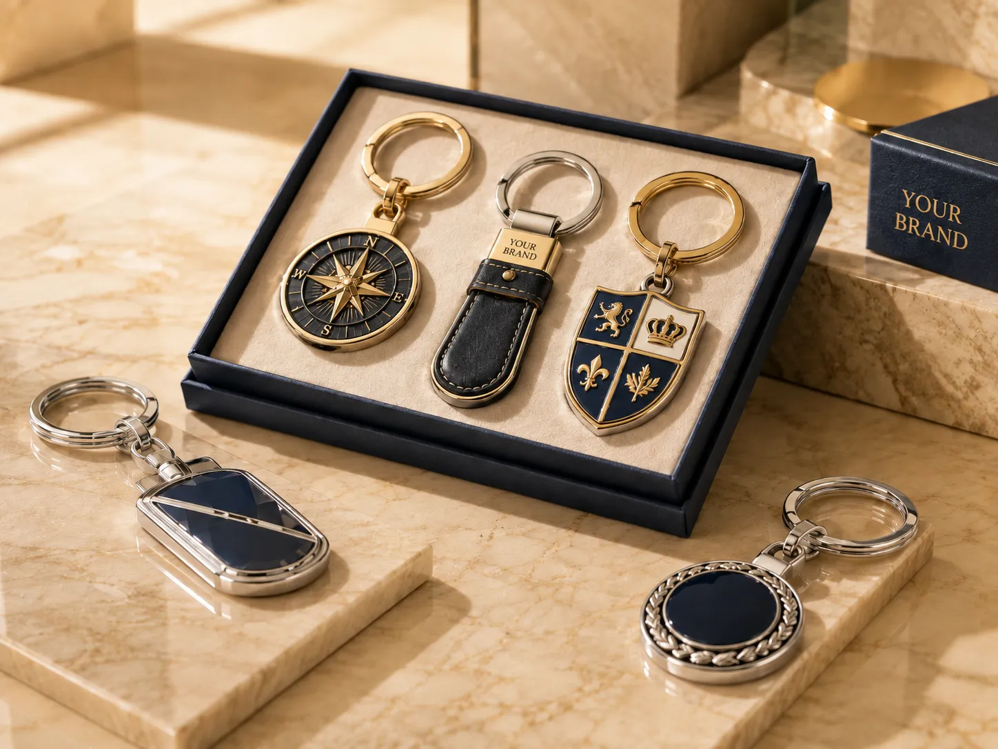 Premium custom metal keychains with gold, silver and navy finishes