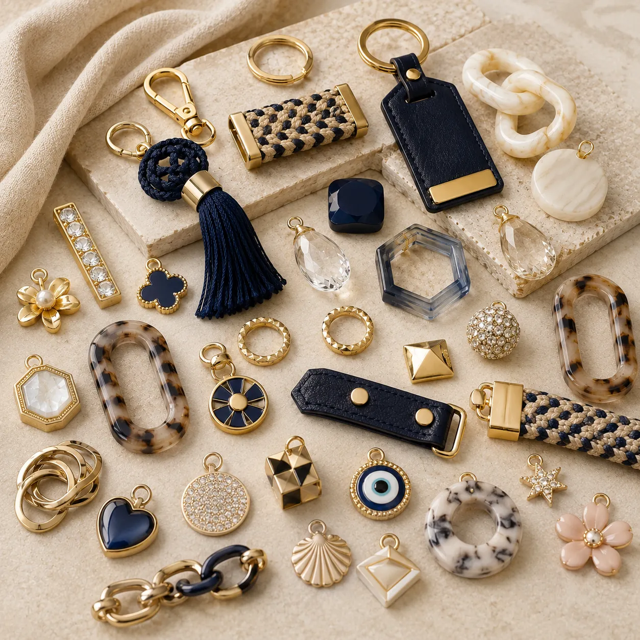 Mixed-material accessories with metal, resin, leather, crystal and enamel