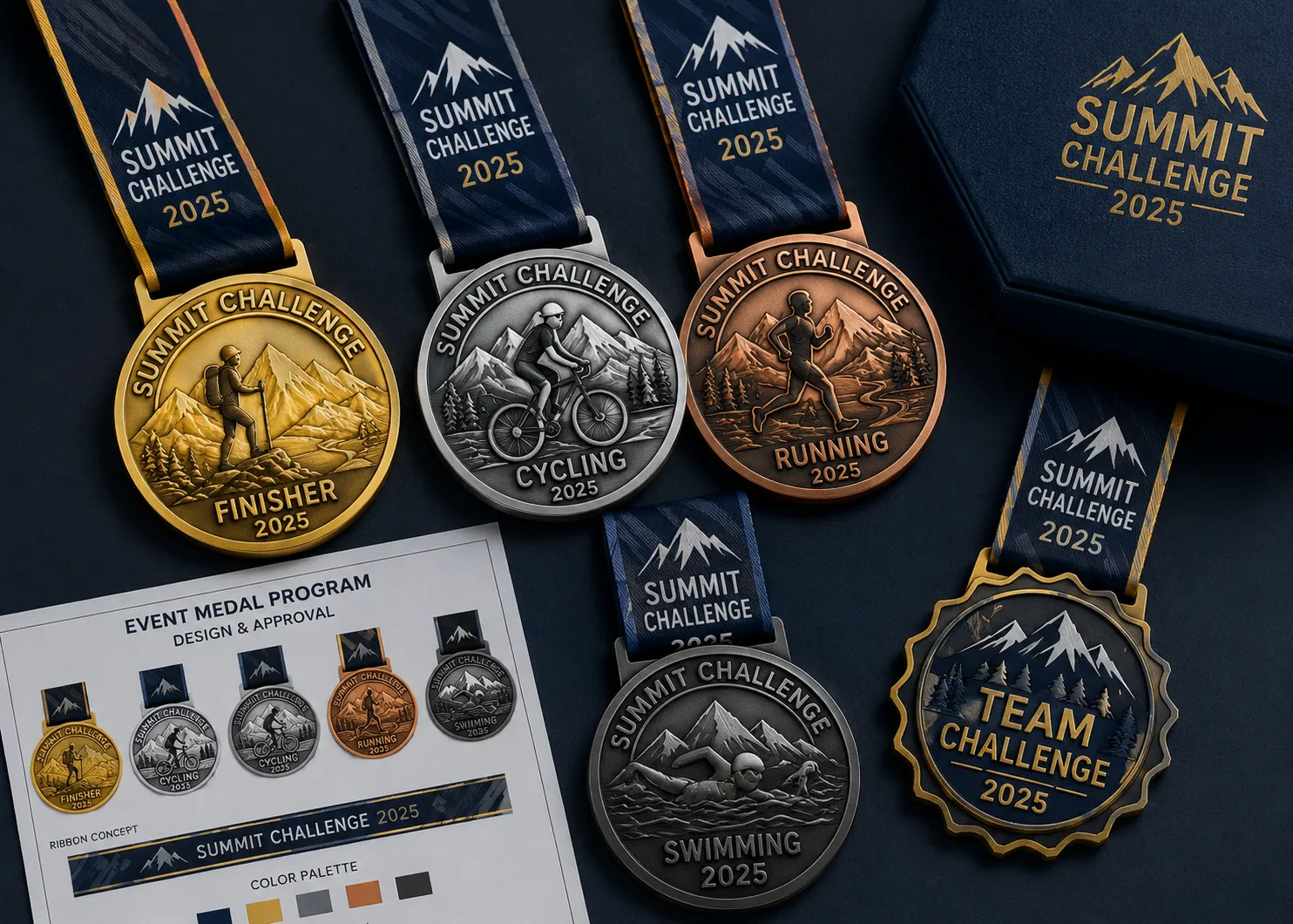 Coordinated event medal collection with custom medal designs, ribbons and presentation concepts