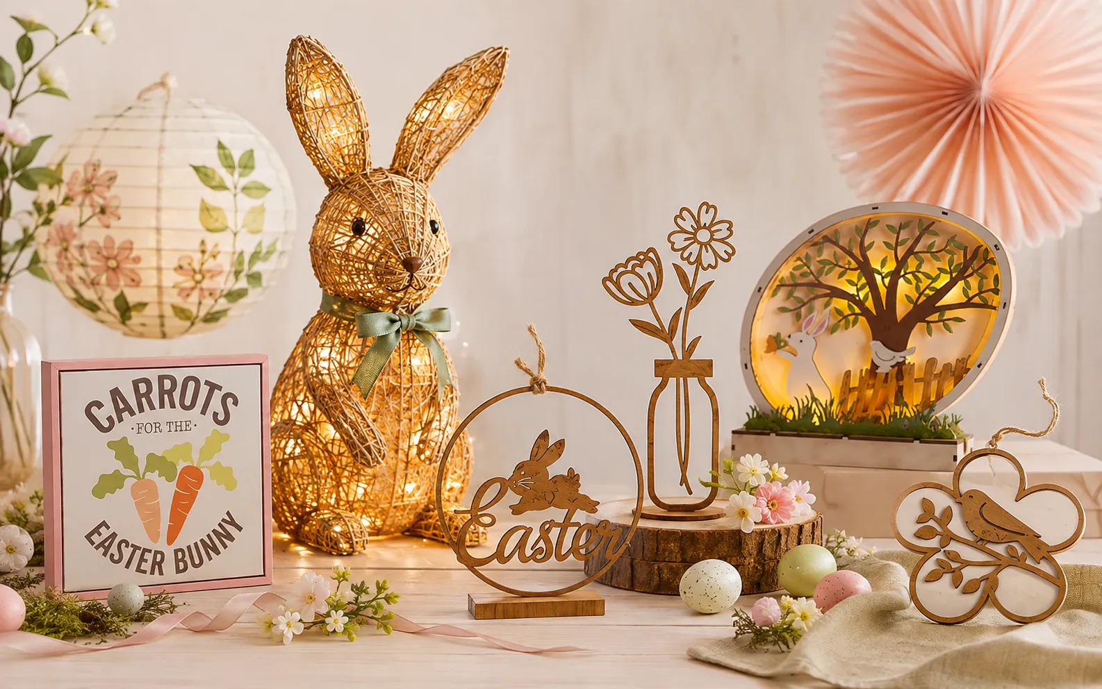 Easter decor collection with woven bunny, ornaments and tabletop decorations