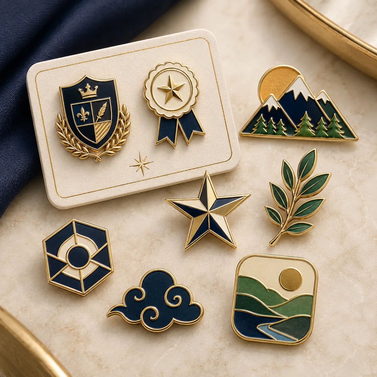 Custom enamel pins in varied shapes with gold plating and colorful enamel finishes