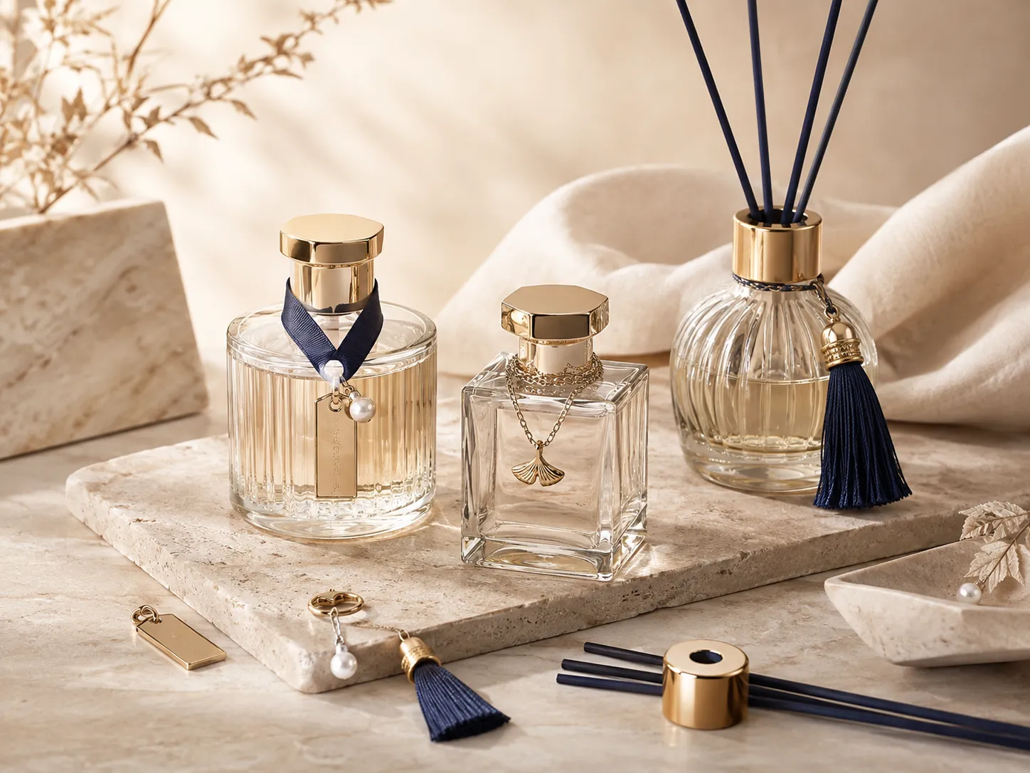 Custom fragrance bottle accessories including metal tags, tassels, chains and decorative ornaments