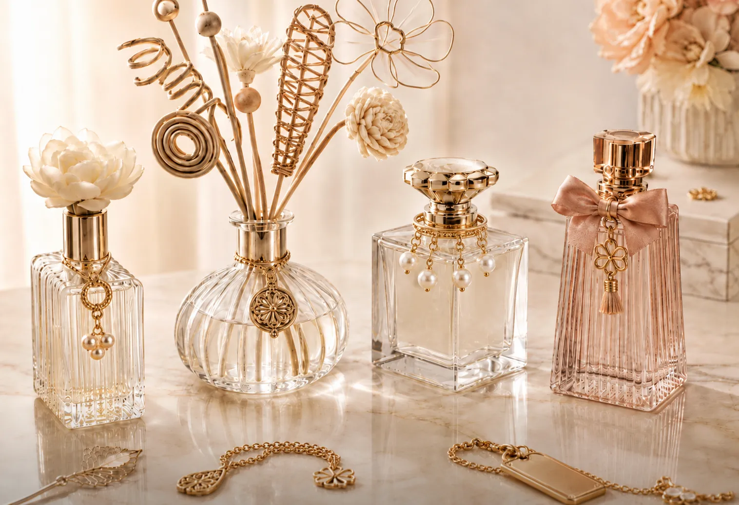 Fragrance accessories with bottle ornaments, metal charms, pearls and tassels