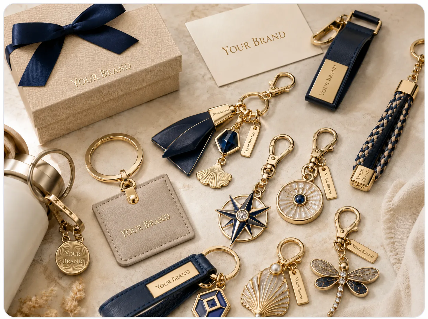 Fashion and accessories including custom keychains, bag charms and decorative branded components