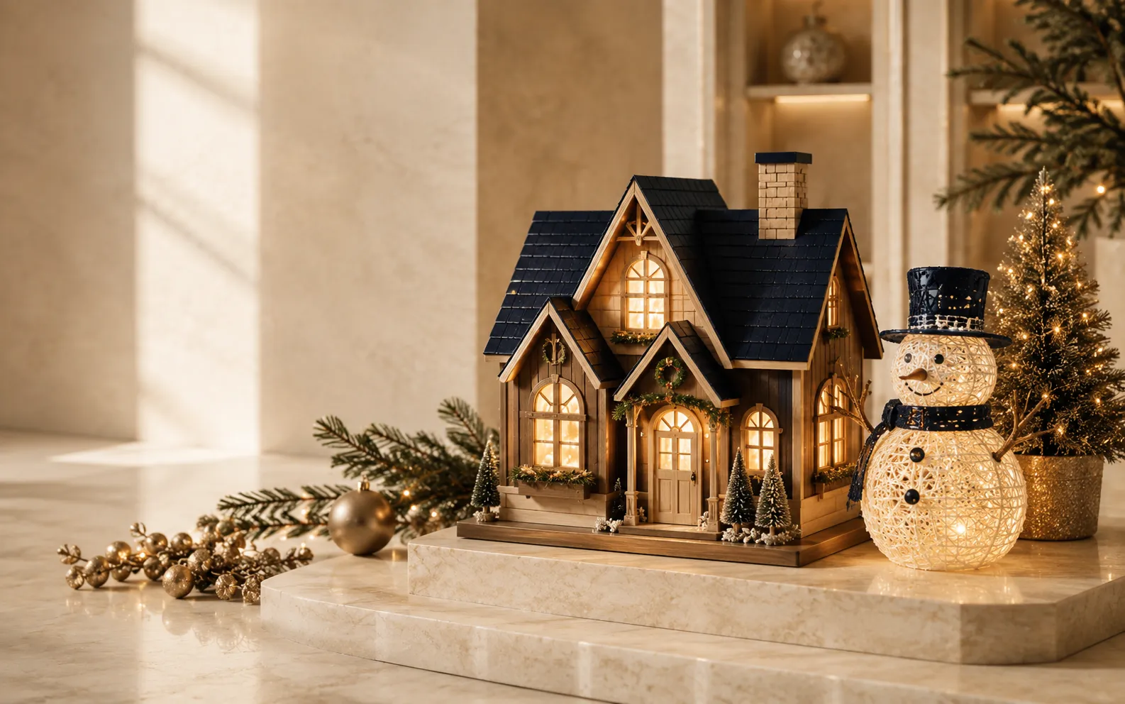 Illuminated wooden holiday house and woven snowman seasonal décor collection