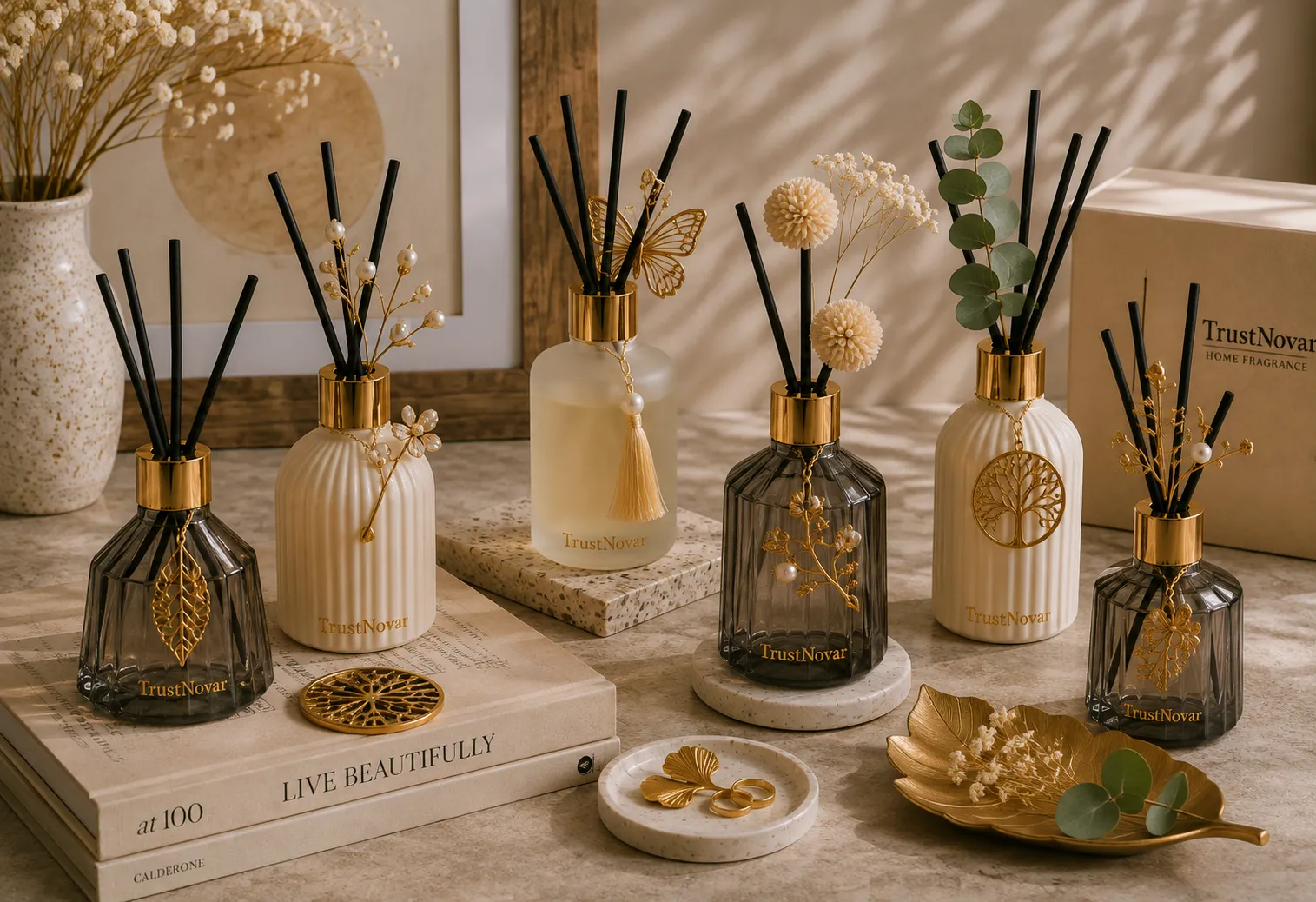 Home fragrance diffusers with metal charms, pearls, tassels and floral reeds