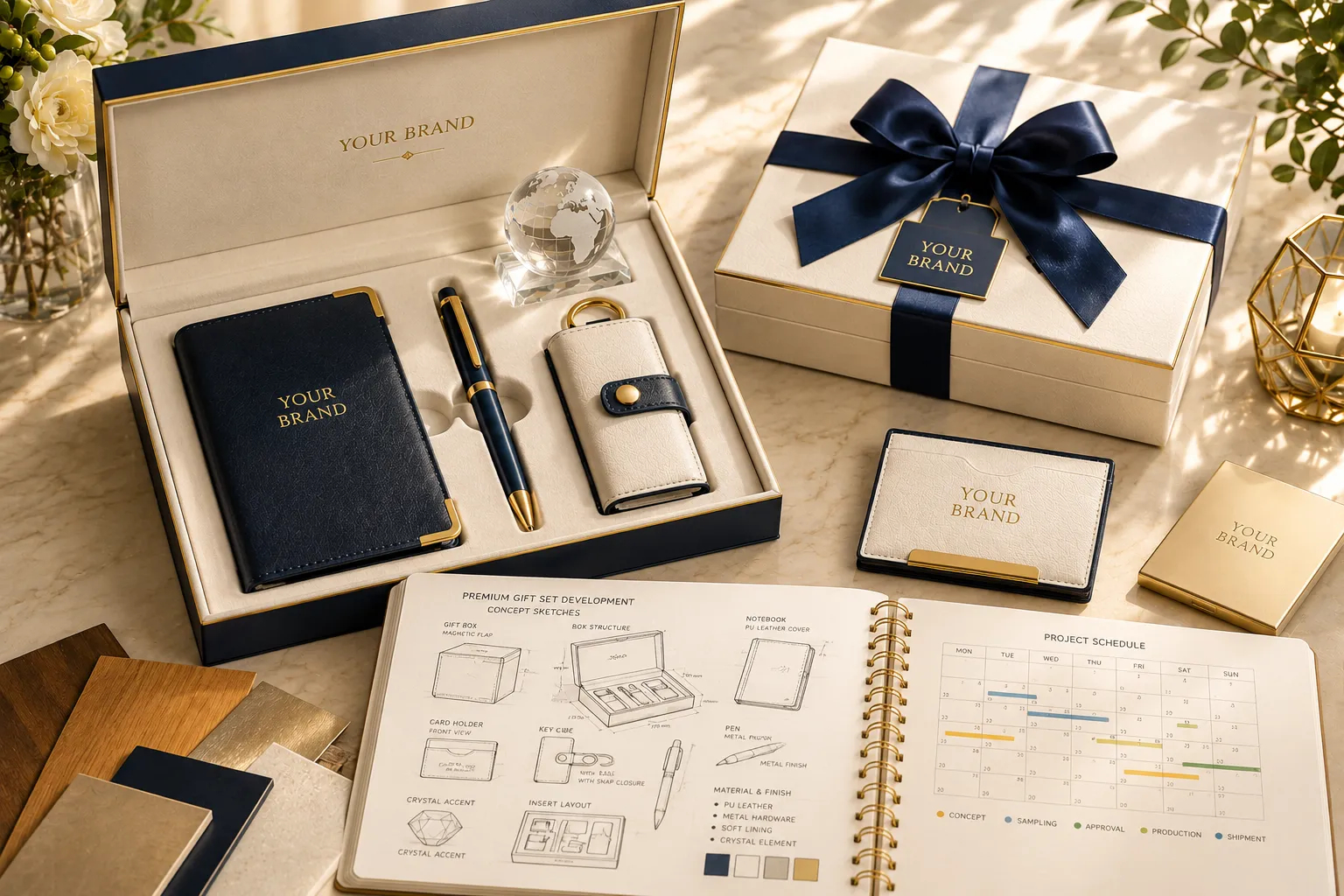 Premium navy and gold branded gift set with presentation packaging