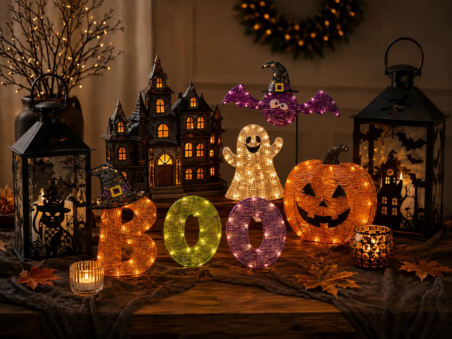 Halloween collection featuring illuminated lanterns, woven decor, haunted house accents and pumpkins
