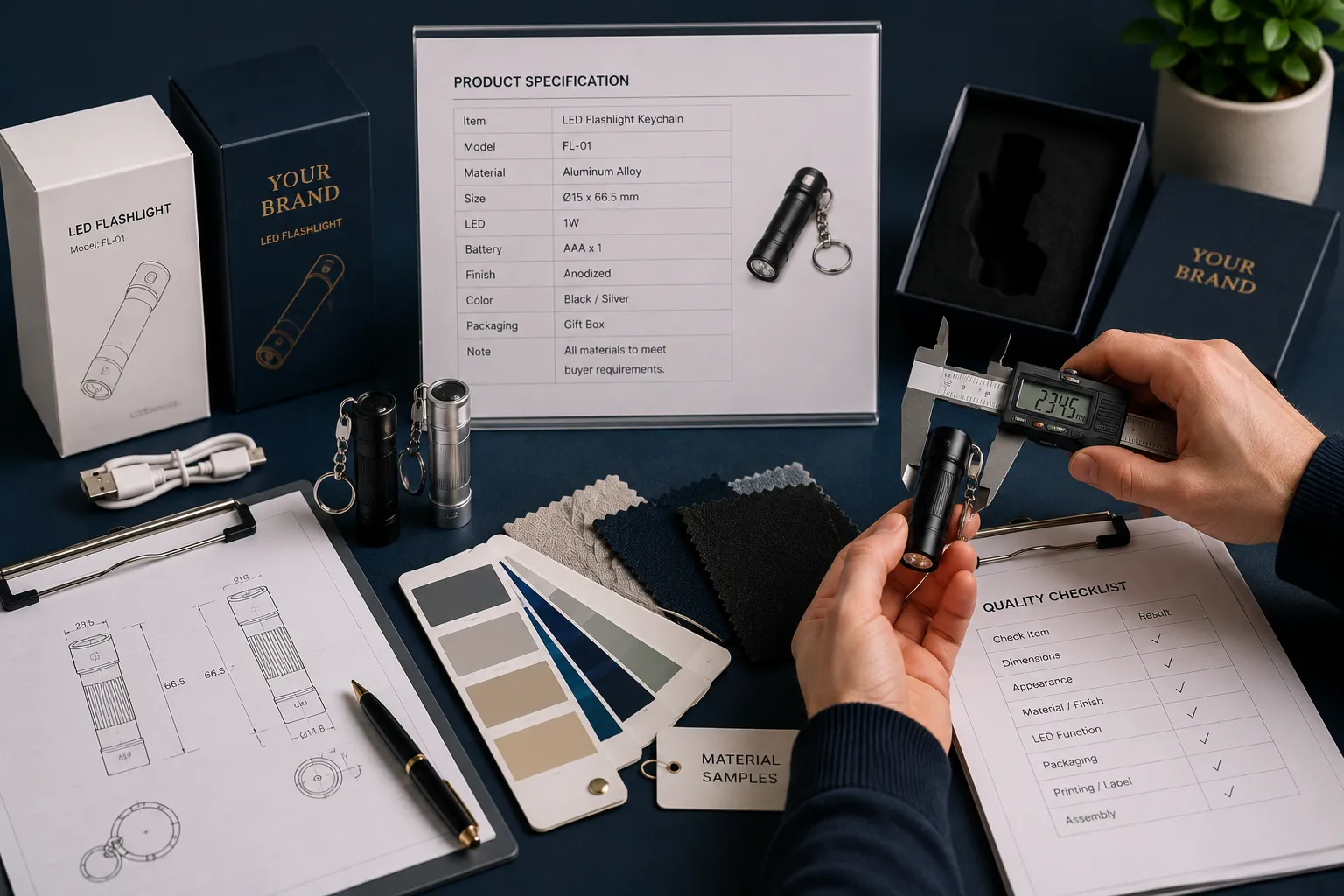 Product quality inspection with measurements, material samples and packaging checks