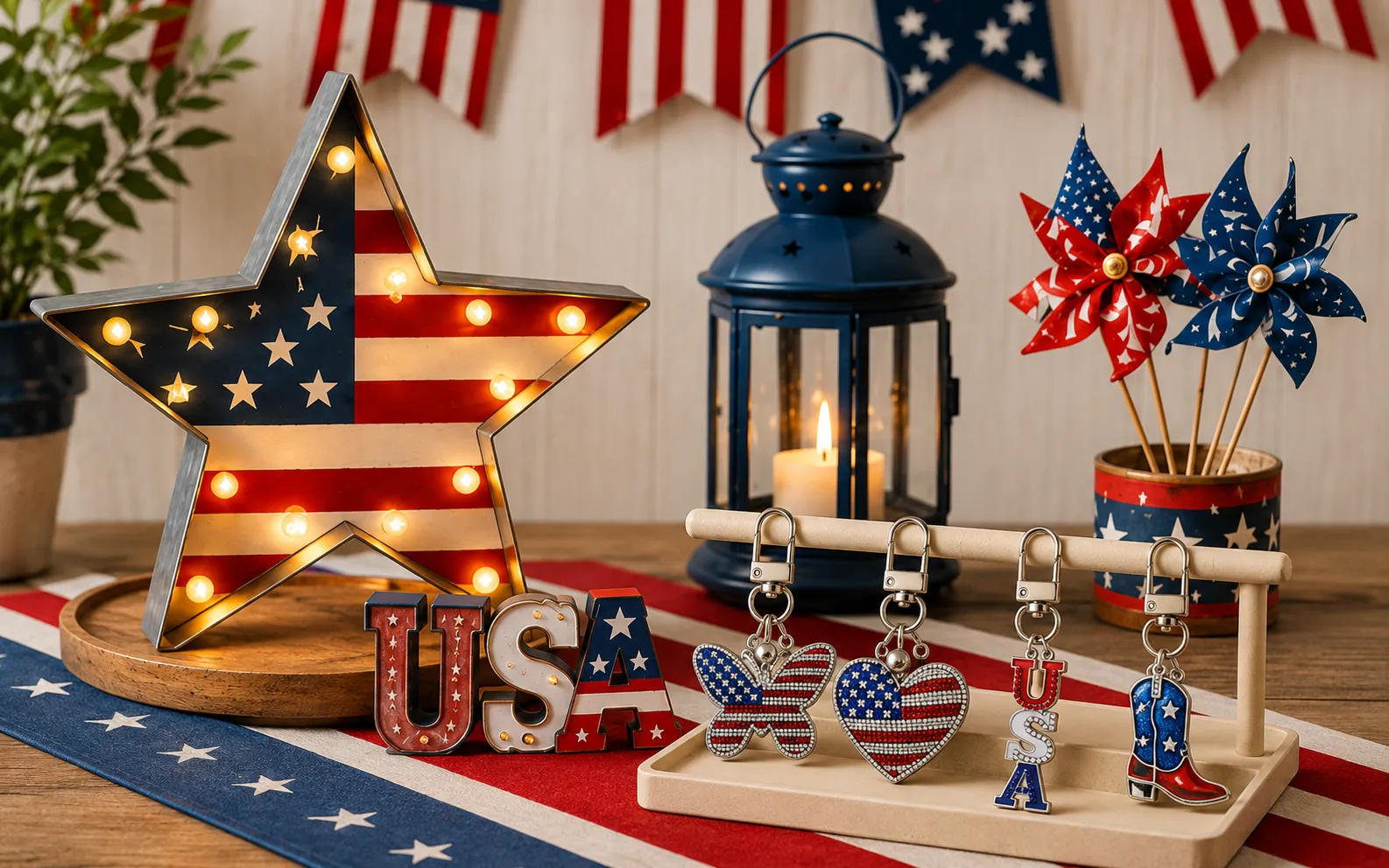Independence Day collection featuring patriotic illuminated decor, lanterns and rhinestone keychains