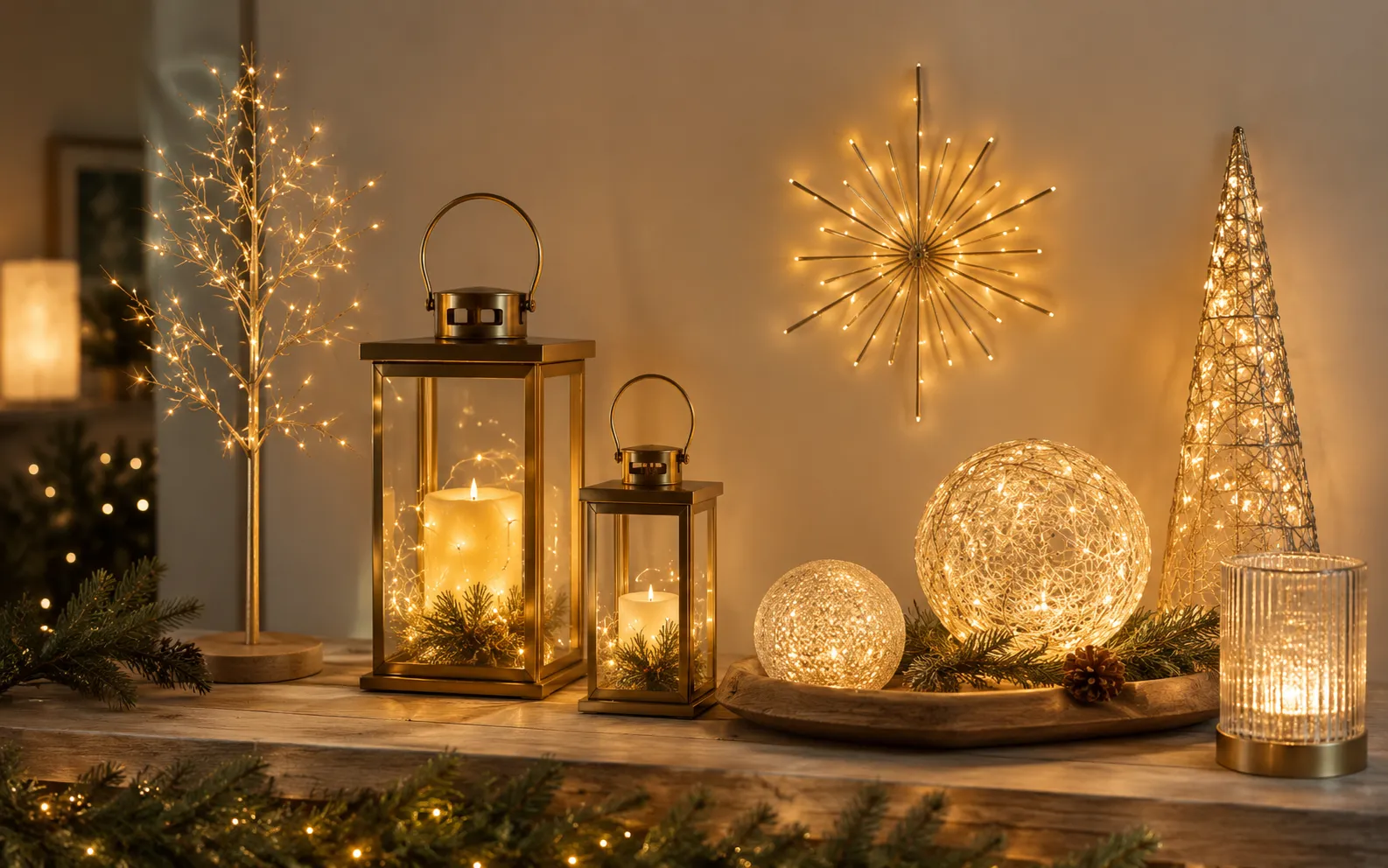 Illuminated decor with LED decorations, lanterns and lighted accents