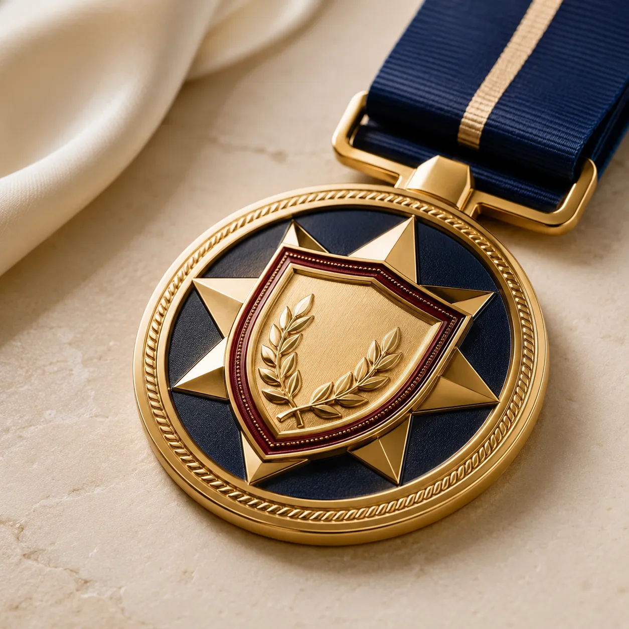 Custom medal detail with relief enamel and premium metal finish