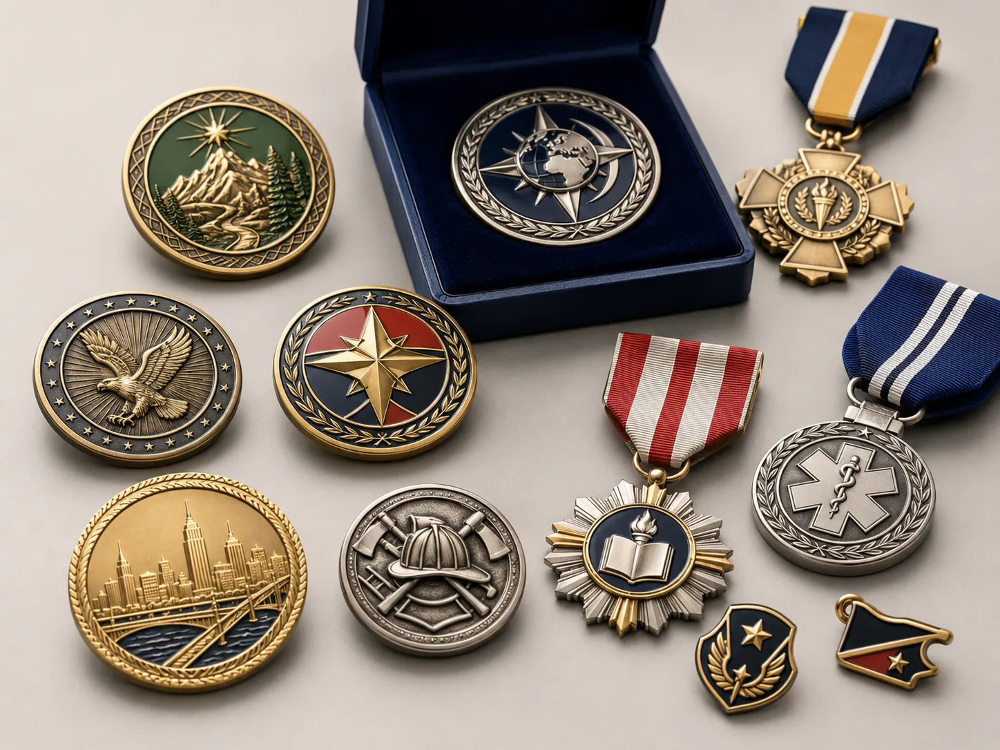 Custom medals, coins and pins with coordinated finishes