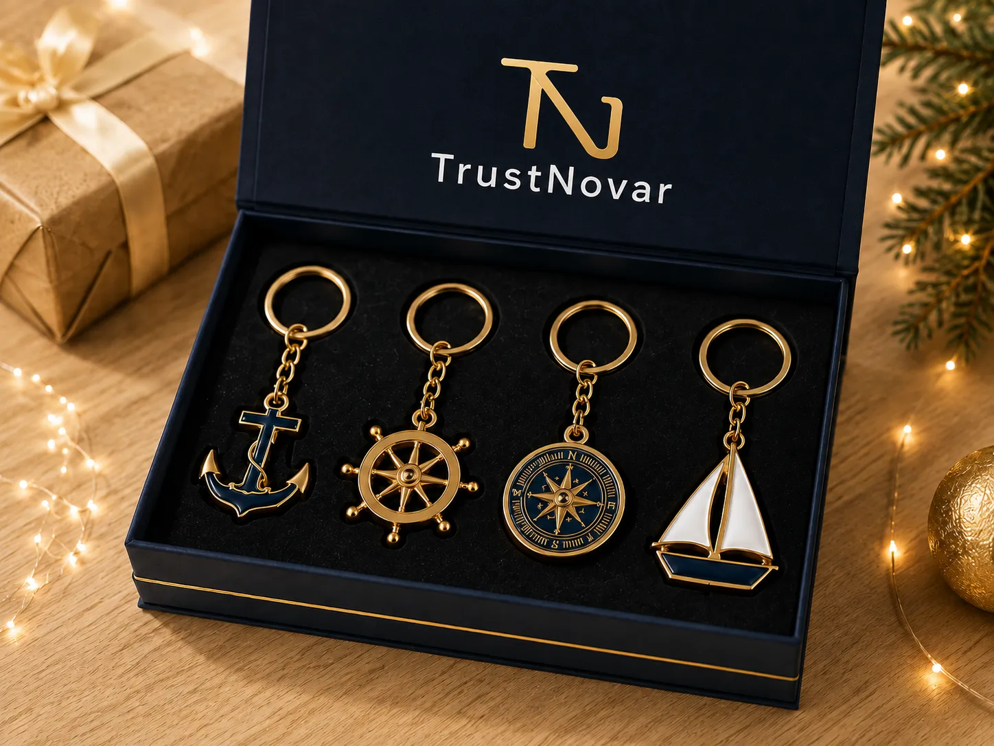 Coordinated multi-item custom keychain gift set in premium presentation box