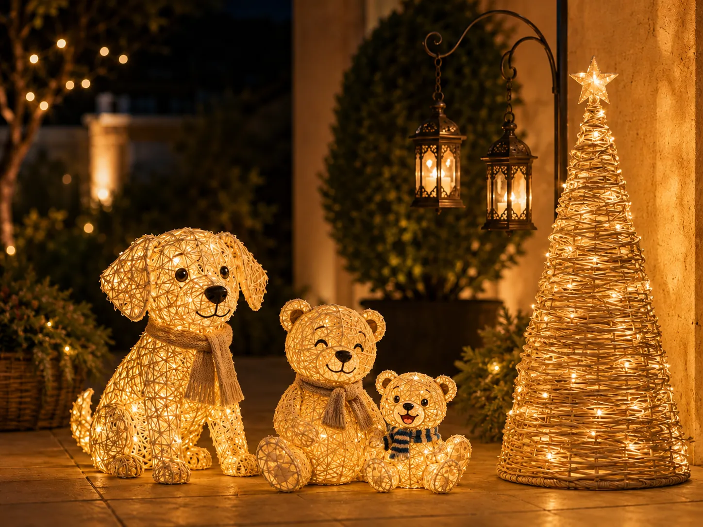 Outdoor lanterns, illuminated decor and woven lighting products