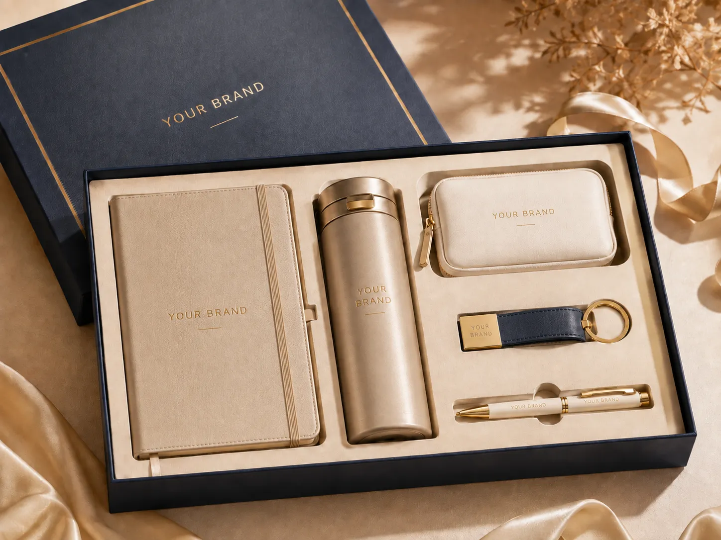 Coordinated premium gift set with customized products, packaging and branding