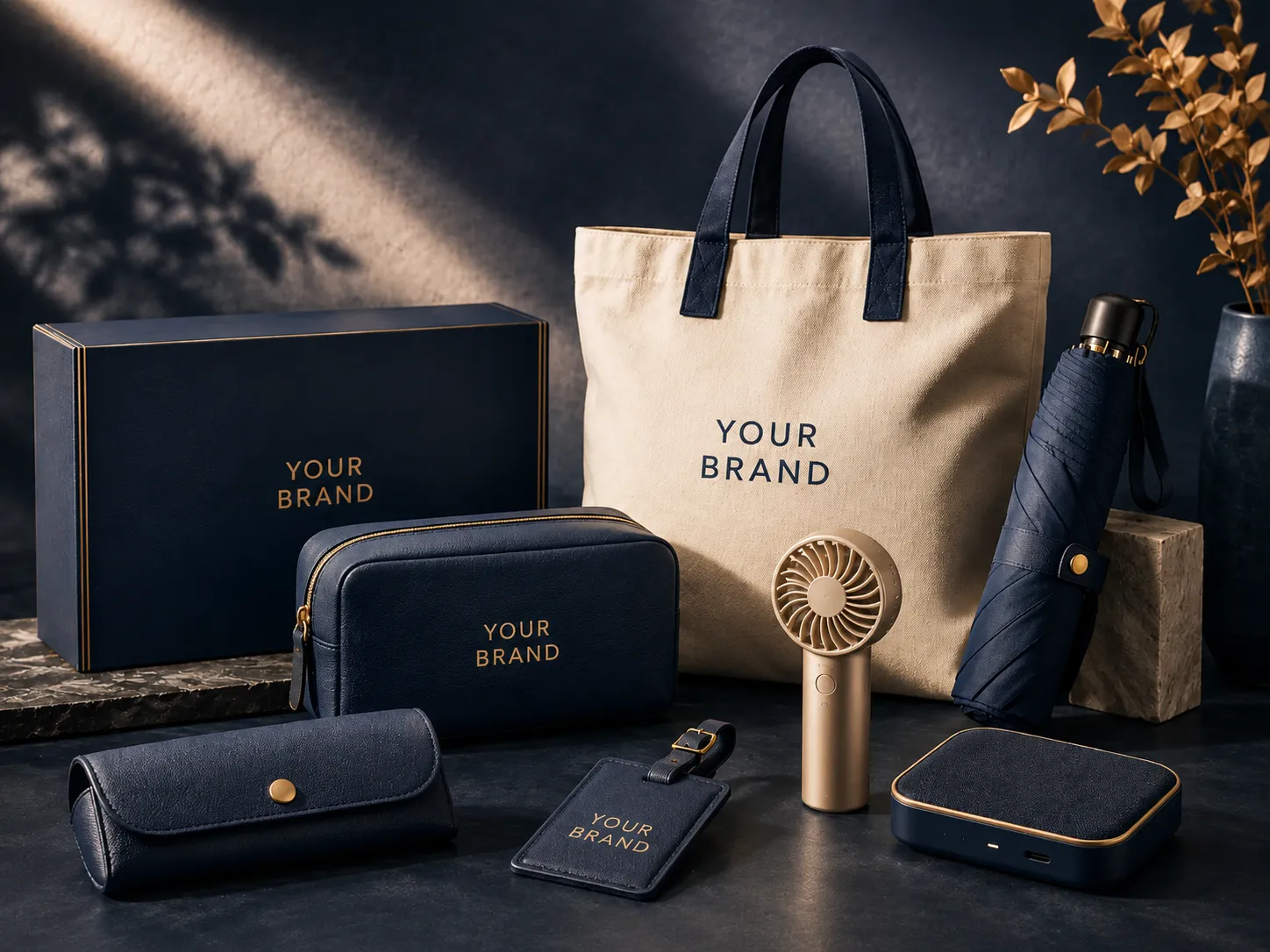 Premium promotional gifts with branded products and custom packaging