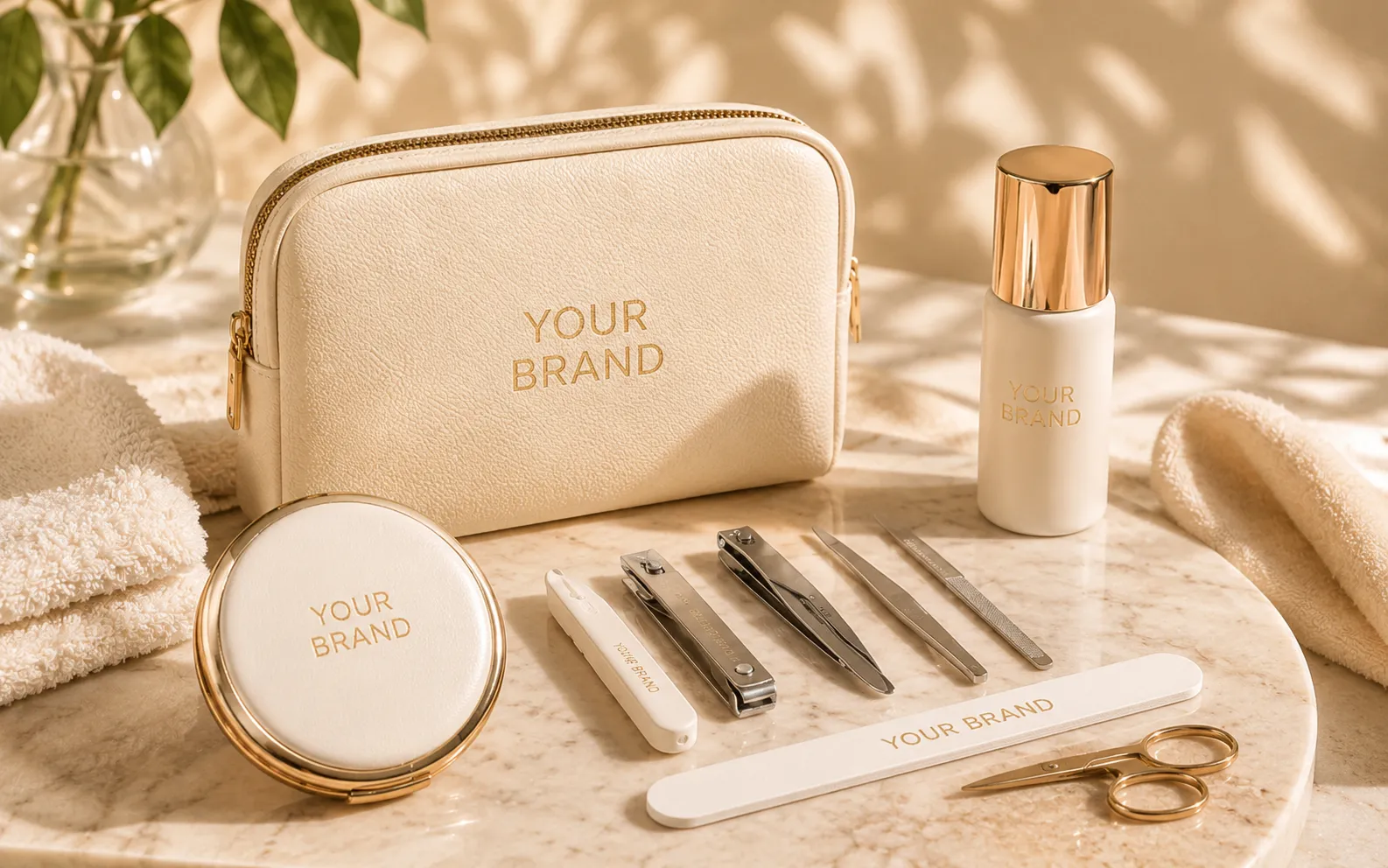 Personal care and manicure sets with customized grooming tools, mirrors and branded accessories
