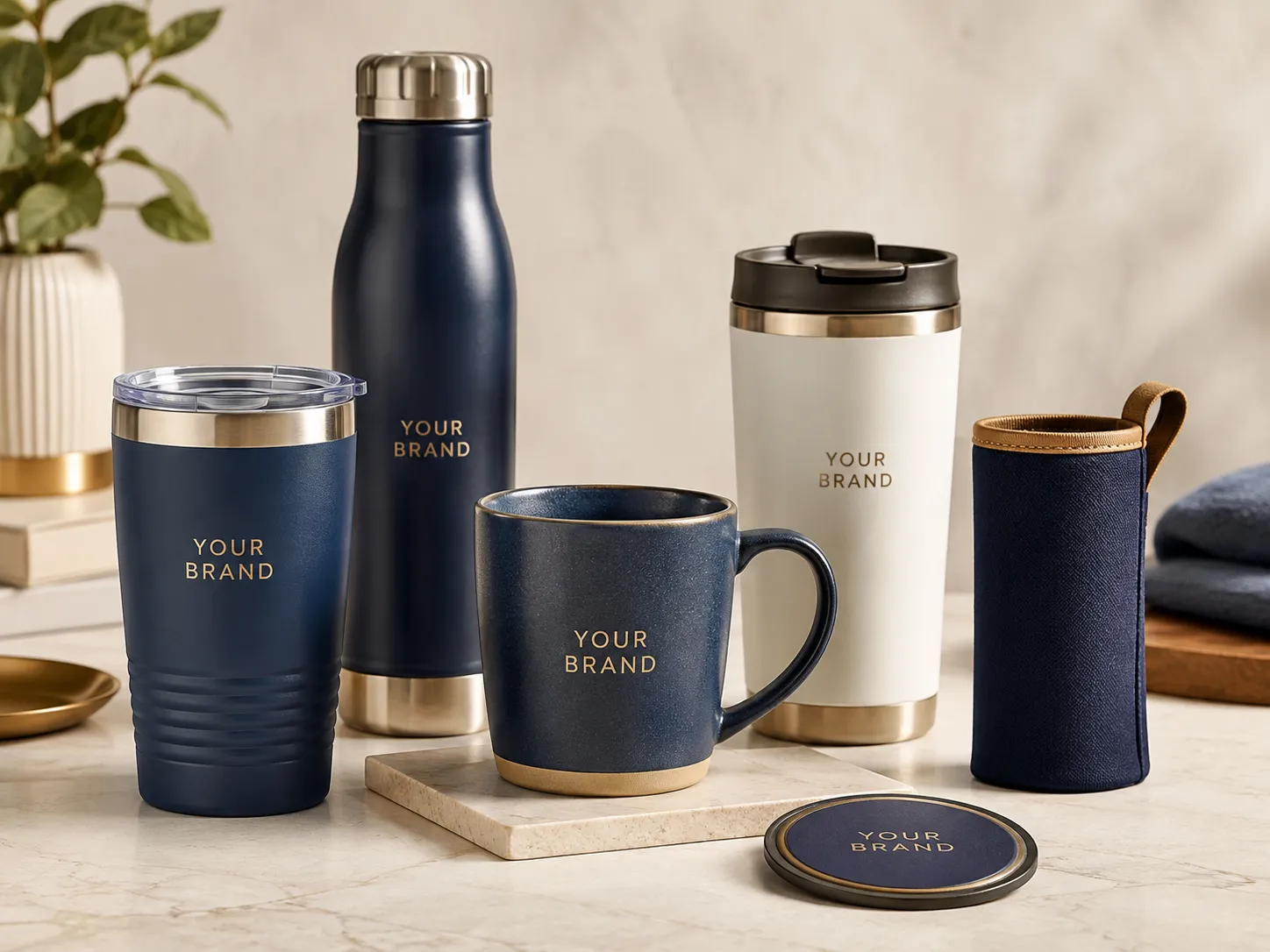 Customized premium drinkware including tumblers bottles mugs and travel cups