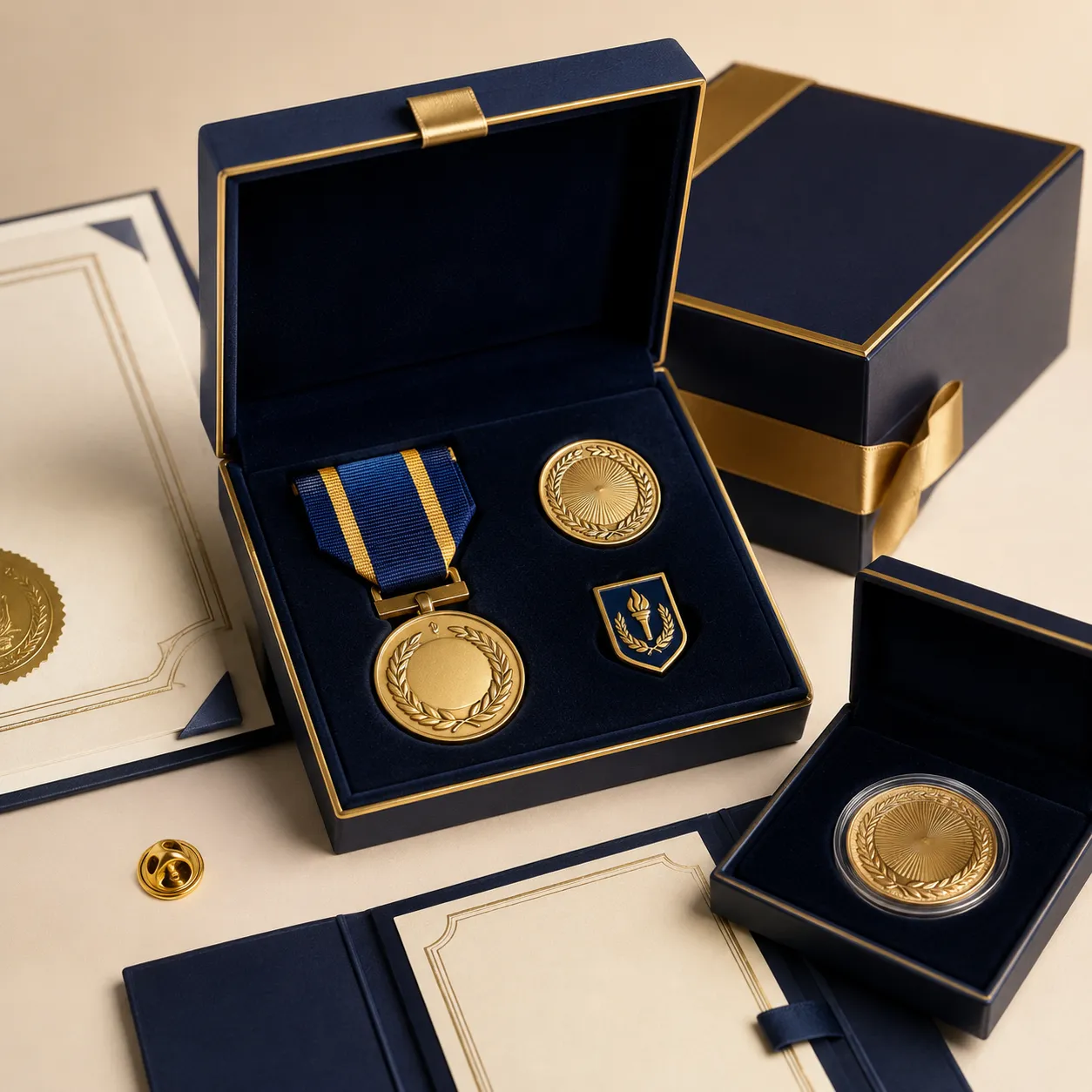 Premium presentation sets with medals coins pins boxes inserts and certificates