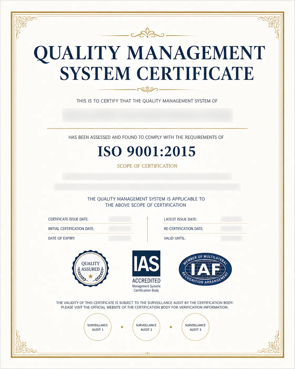 Example quality management documentation from a selected manufacturing partner