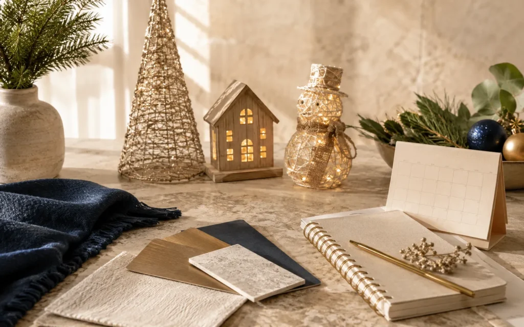 Seasonal product planning with calendar, material samples and illuminated holiday décor