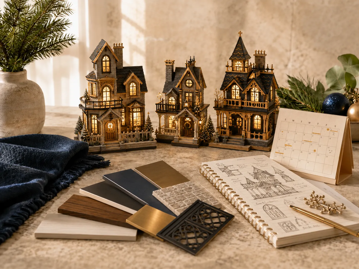 Seasonal product planning with illuminated holiday décor, calendar and material references
