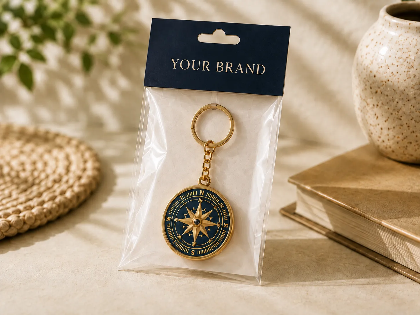 Retail keychain packaging with branded header card and clear pouch