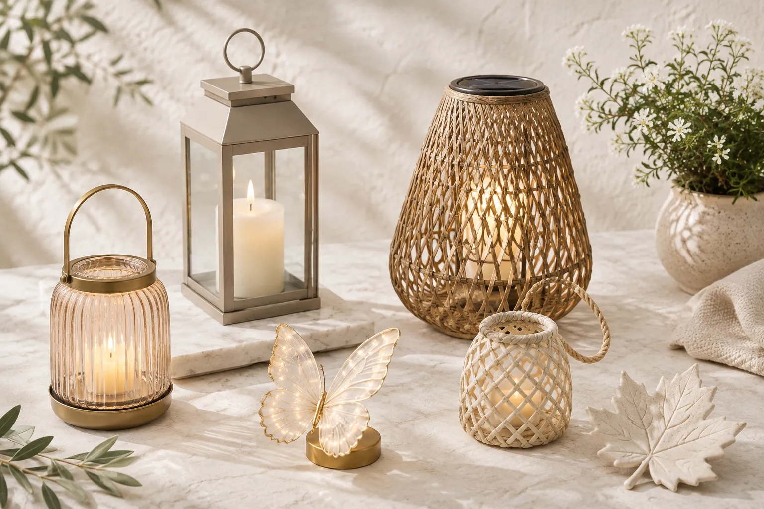 Outdoor and lighting inspiration with illuminated decor, woven lanterns and decorative lighting