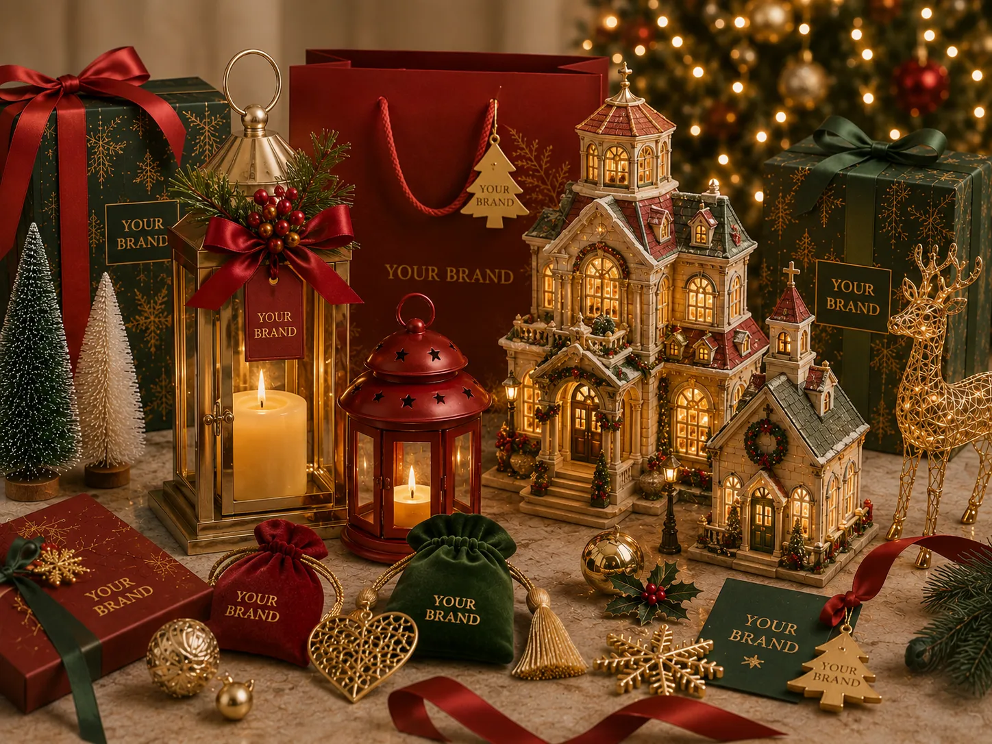 Seasonal retail collection with gift packaging, decorative houses and lanterns