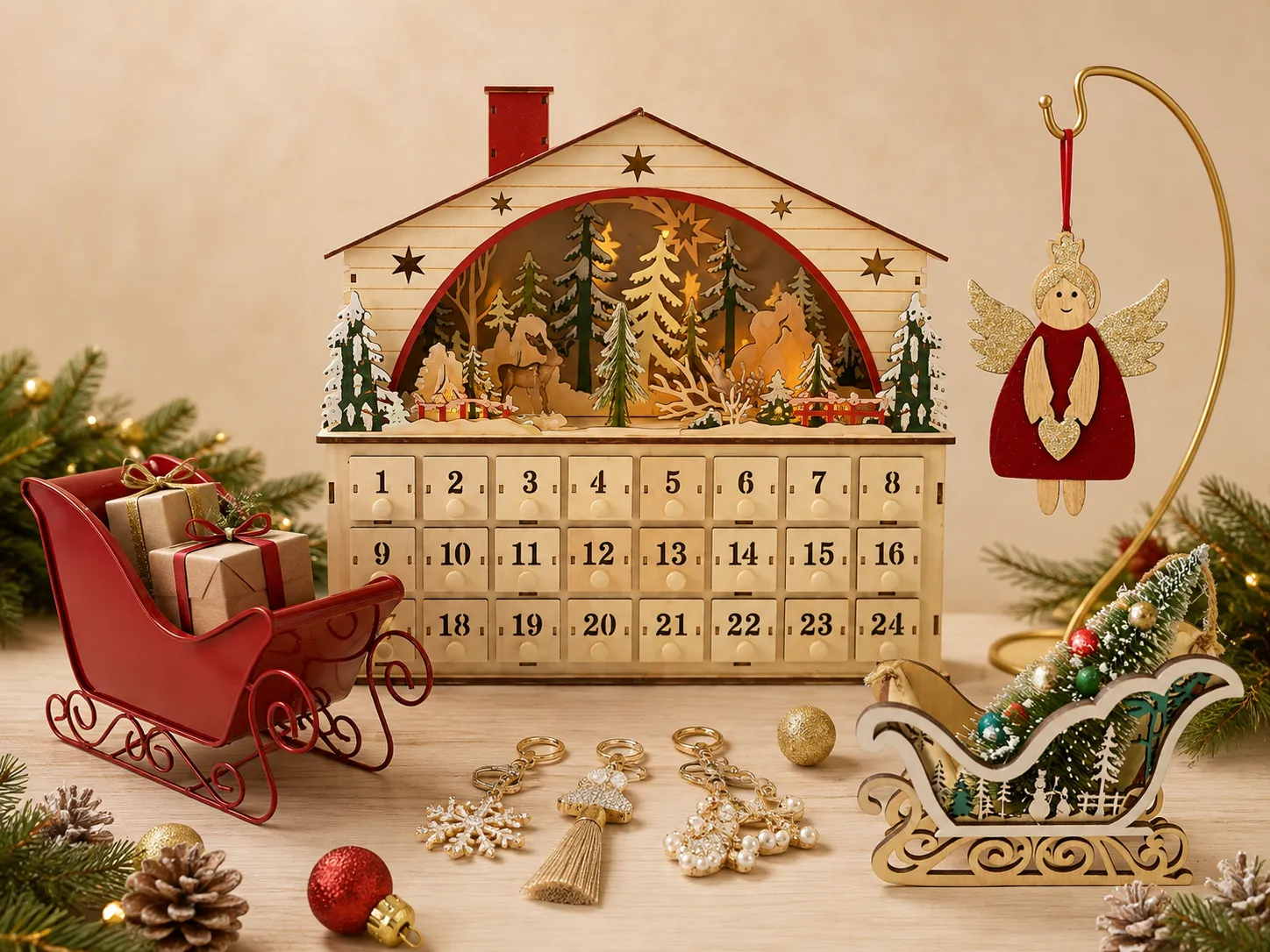Seasonal collection with advent calendars, sleigh decor and hanging ornaments