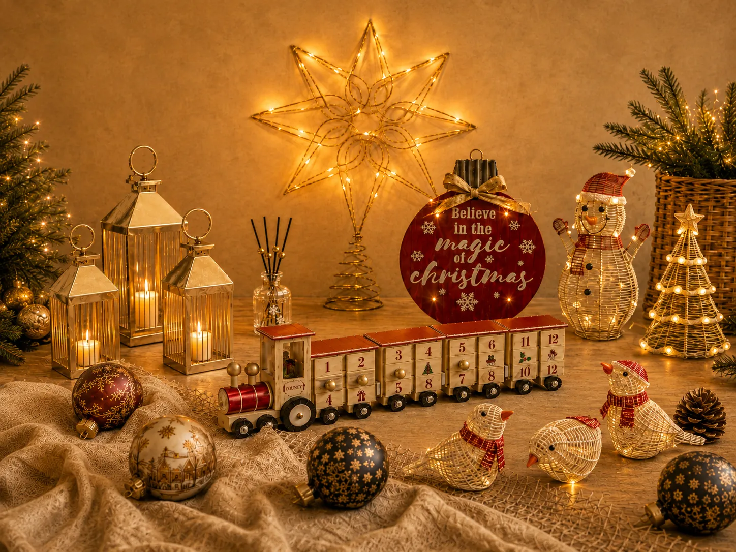 Seasonal home decor with lighting, woven decor and fragrance accessories