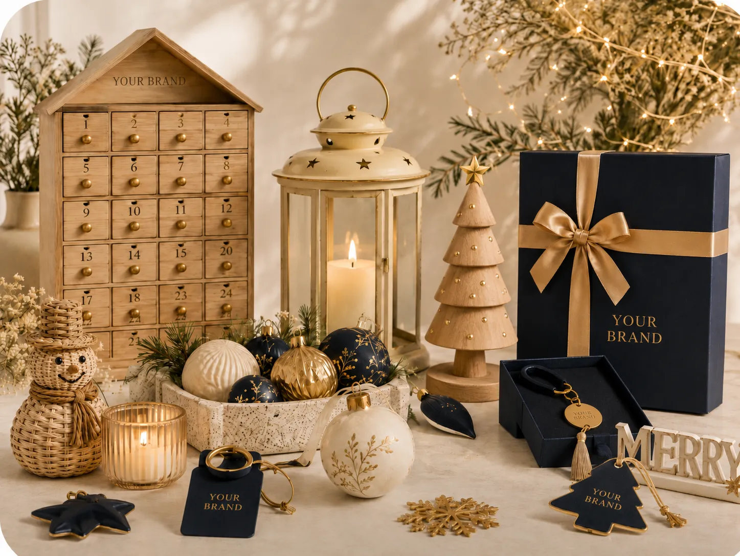 Seasonal retail program with coordinated holiday decor products and packaging