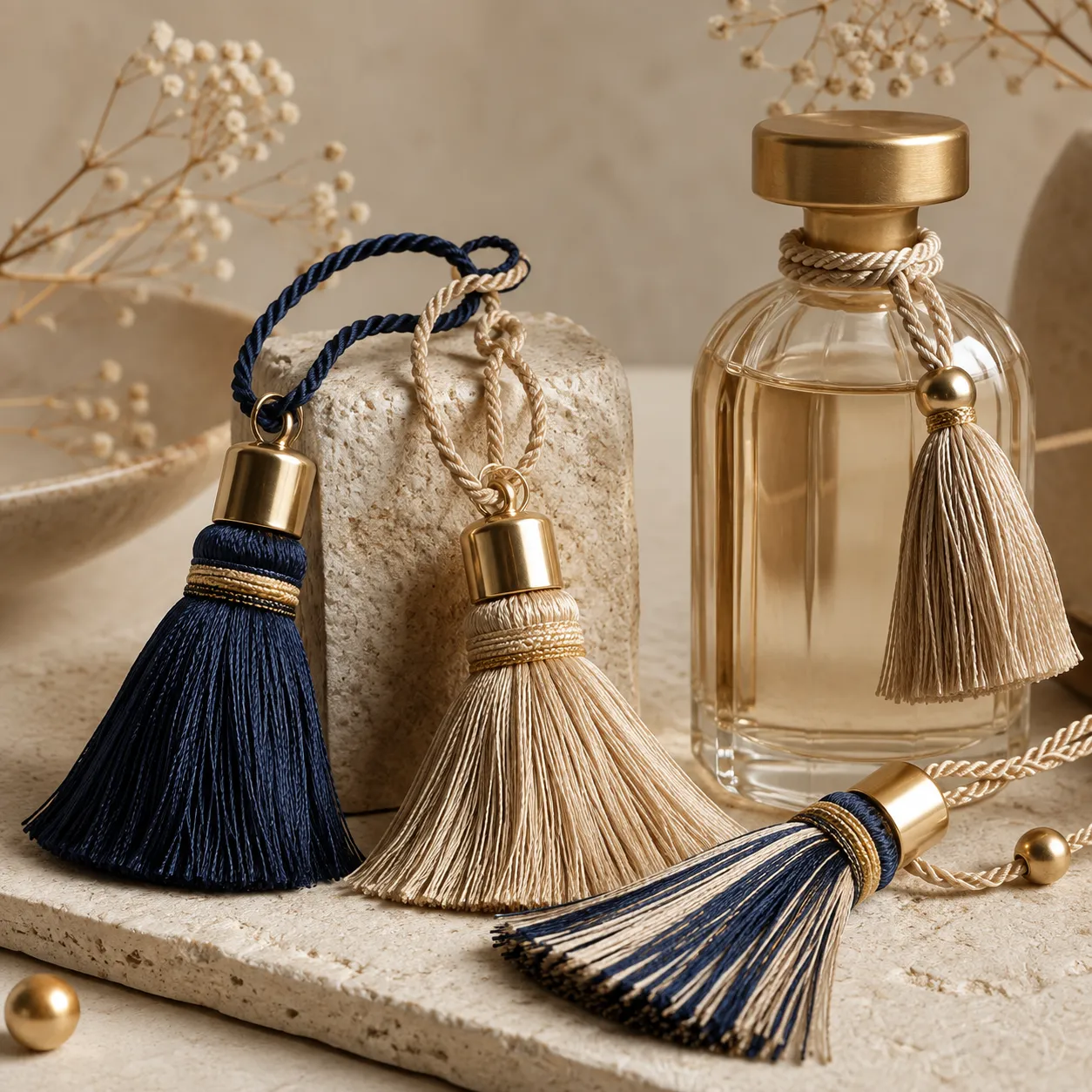Decorative tassel accessories coordinated for fragrance bottle presentation
