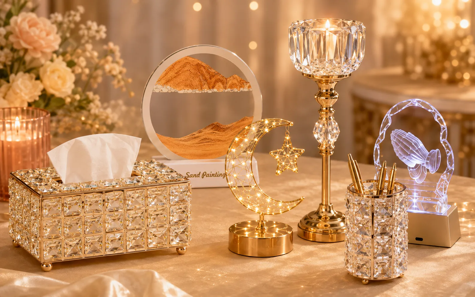 Tabletop decor collection with lighting, crystal accessories and home accents