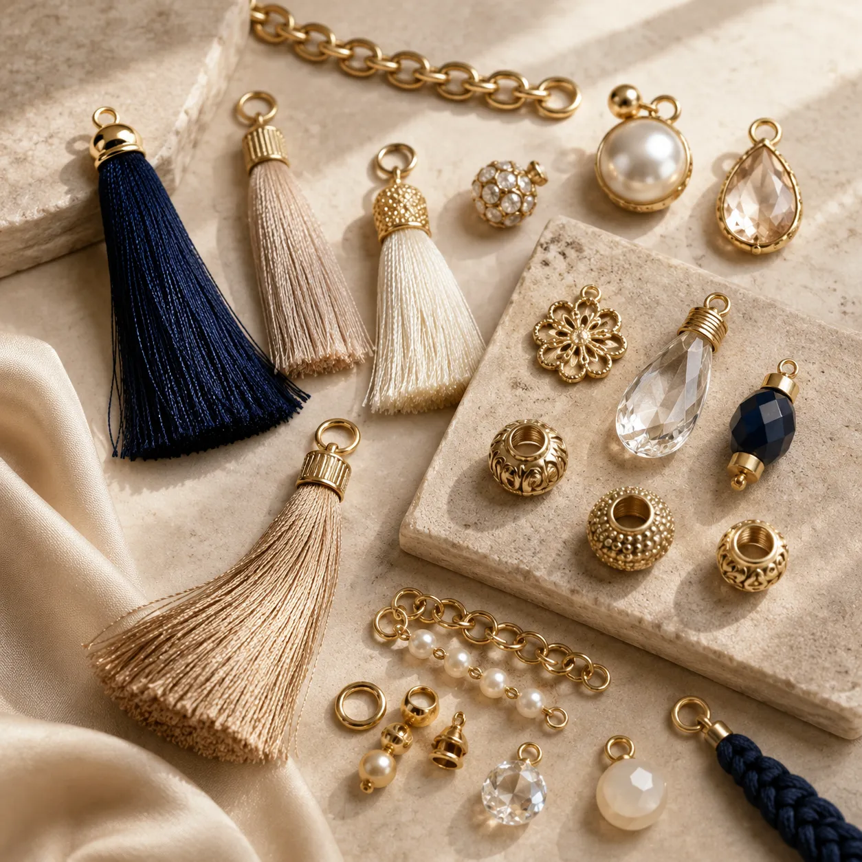 Tassels, pearls, crystal elements, beads and decorative components