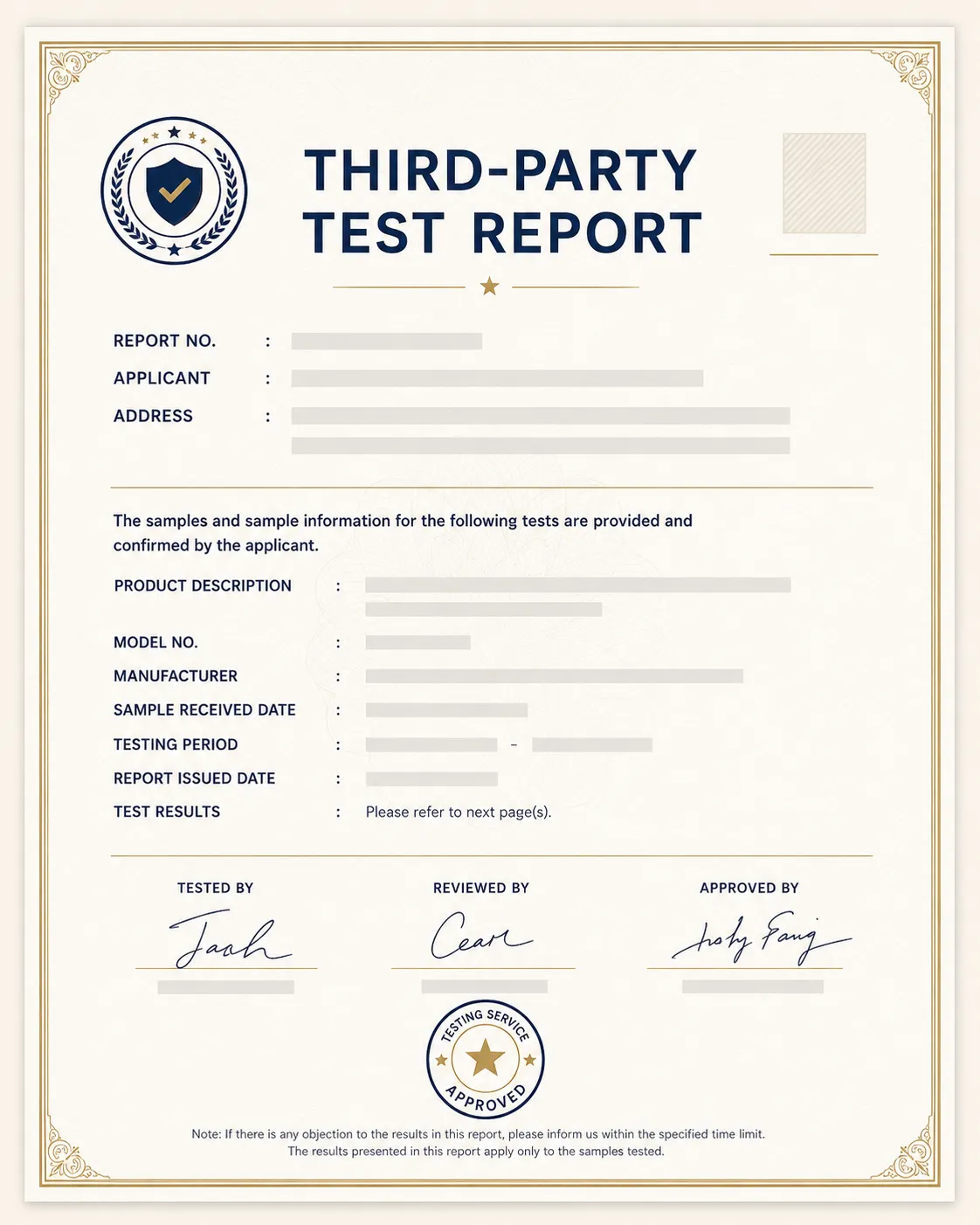 Example third-party product testing documentation