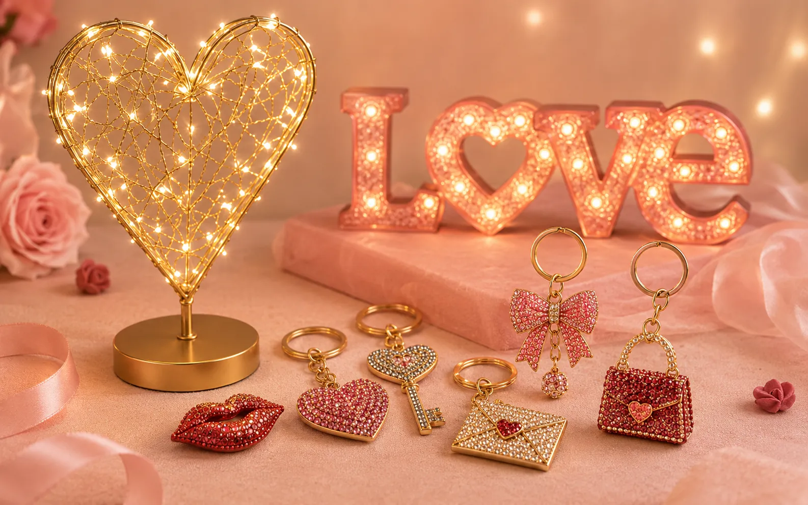 Valentine's Day collection featuring heart-shaped lighting, LOVE decor and rhinestone keychains