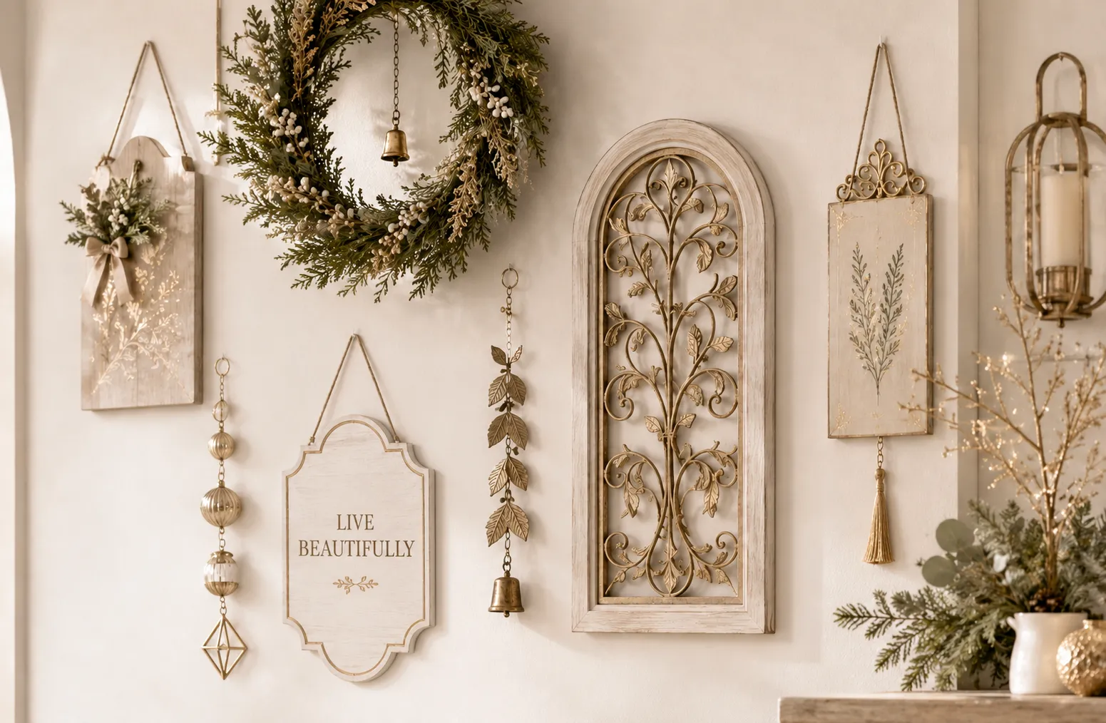 Wall decor collection with plaques, wreaths and hanging ornaments