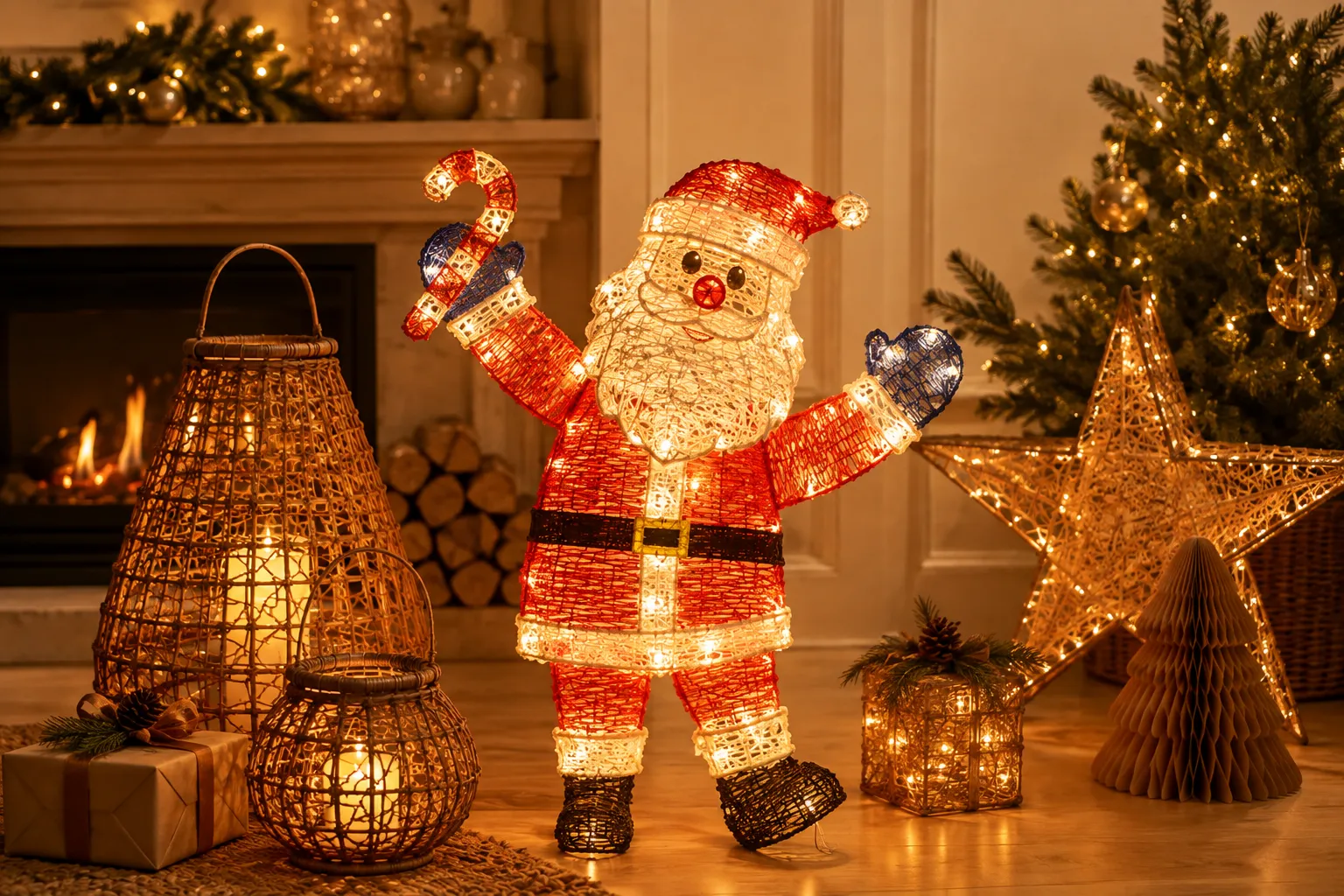 Woven decorative lighting products with warm integrated lights