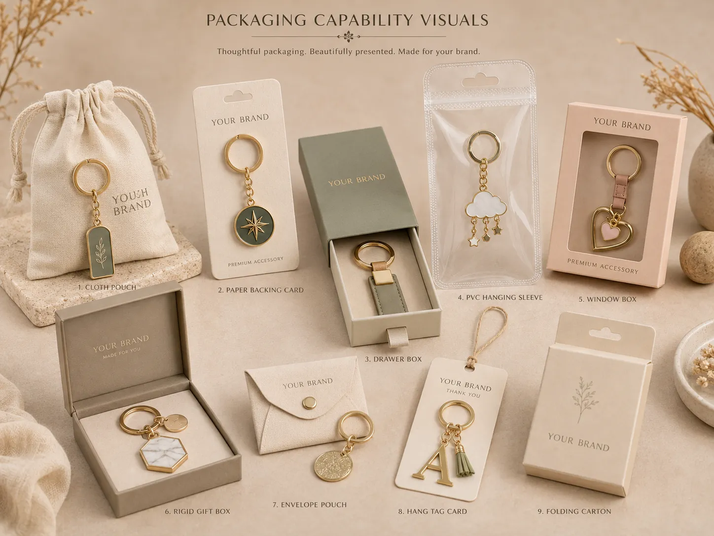 Custom keychain packaging with cards, pouches, boxes and retail gift packaging