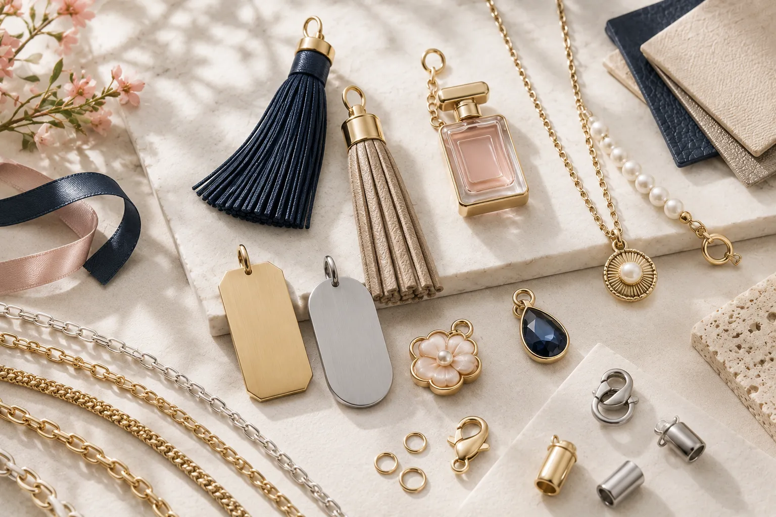 Brand charms and accessories with tassels, tags and pearls
