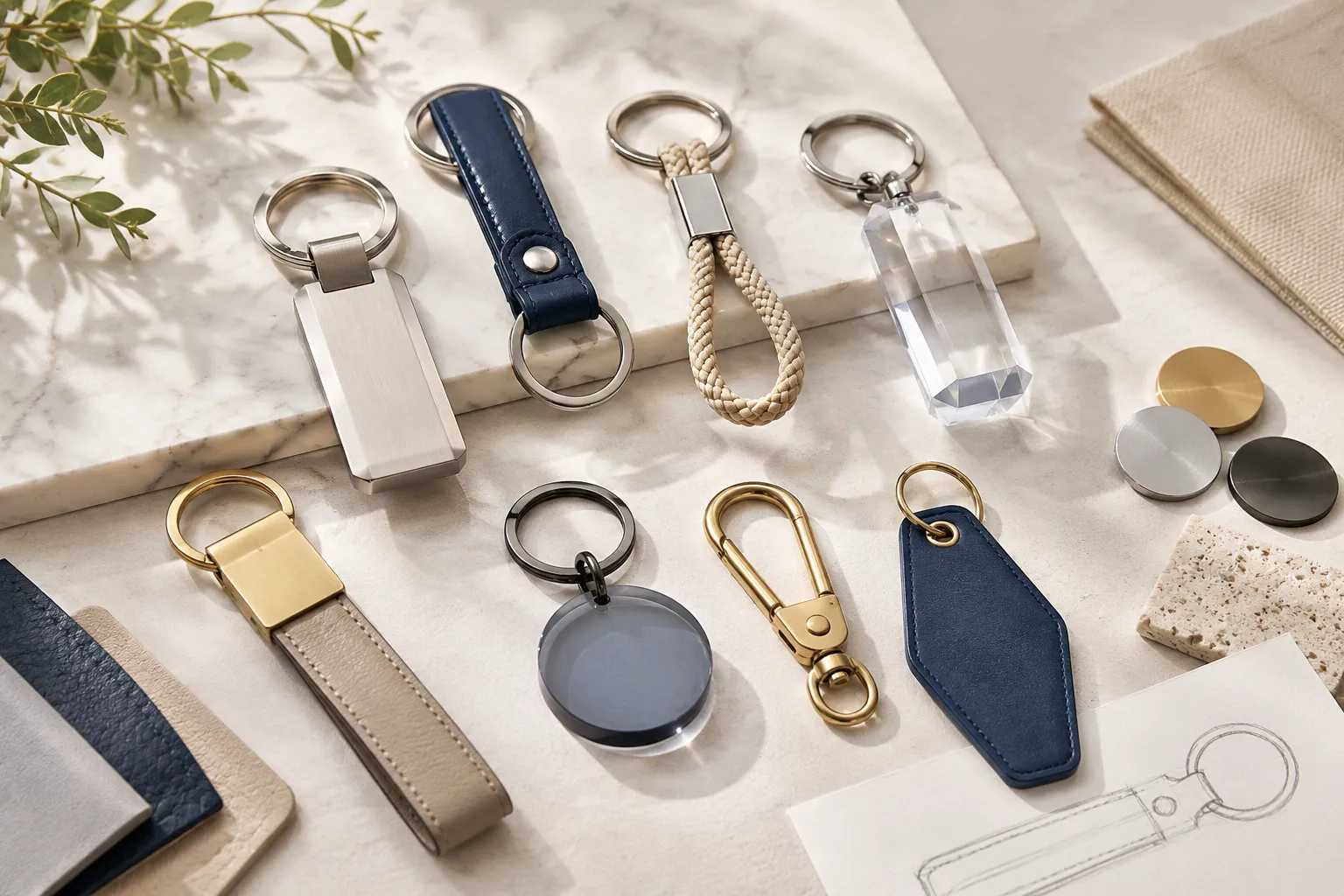 Custom keychain design inspiration in metal, leather, rope and crystal