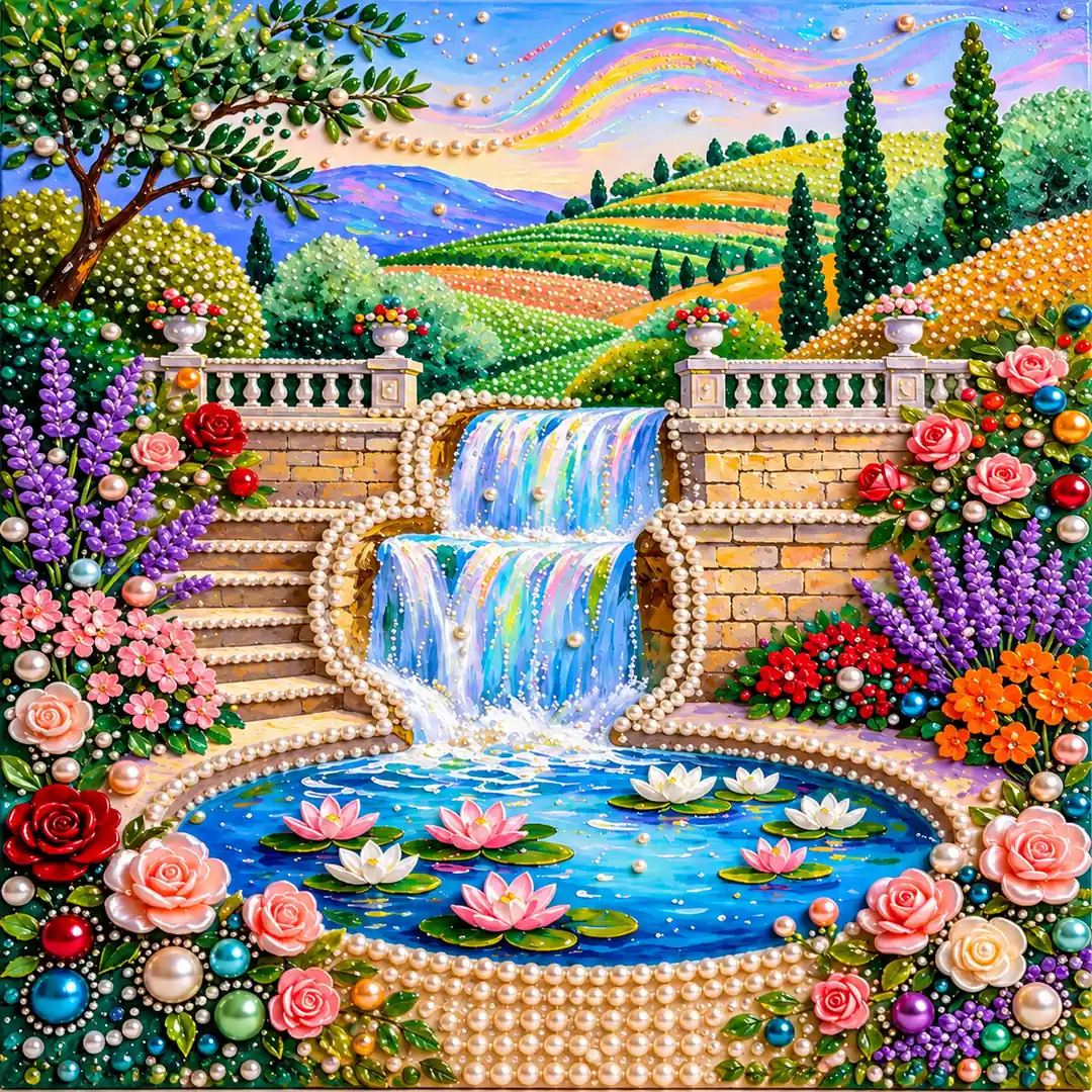 Decorative landscape diamond and bead art kit with pearl embellishments